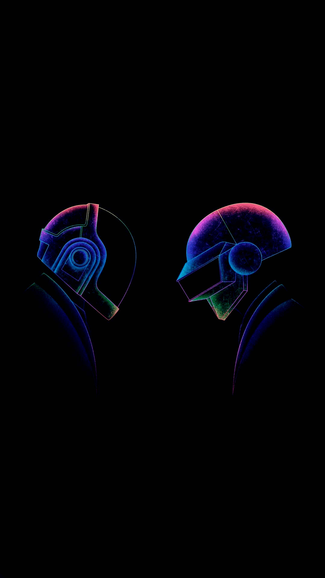 AMOLED 桌布 壁紙 — 兩個發光的未來主義頭盔在黑色背景上面對面，帶有霓虹藍、紫和粉紅色調。