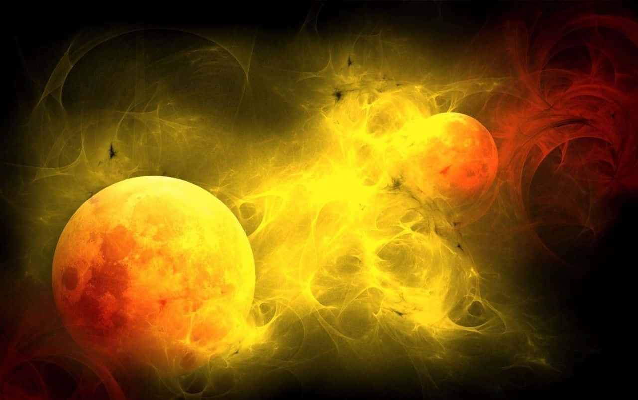 Yellow Abstract 桌布 壁紙 — 兩個發光的橙色球體漂浮在黑暗虛空中，周圍環繞著旋轉的熾熱黃色和紅色宇宙能量。