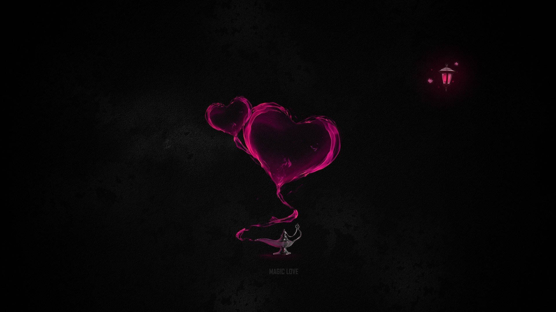 Love Heart 桌布 壁紙 — 兩個發光的洋紅色心形氣球漂浮在深色紋理背景上，遠處有一盞小燈籠發光。
