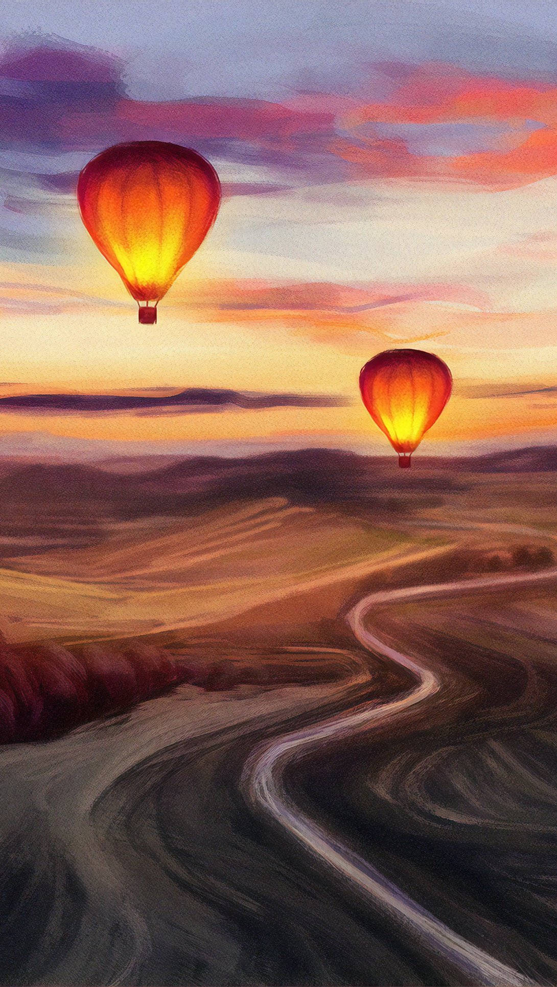 Hot Air Balloon 桌布 壁紙 — 兩個發光的熱氣球在日落時分飄過蜿蜒的道路，映襯著充滿活力的天空。