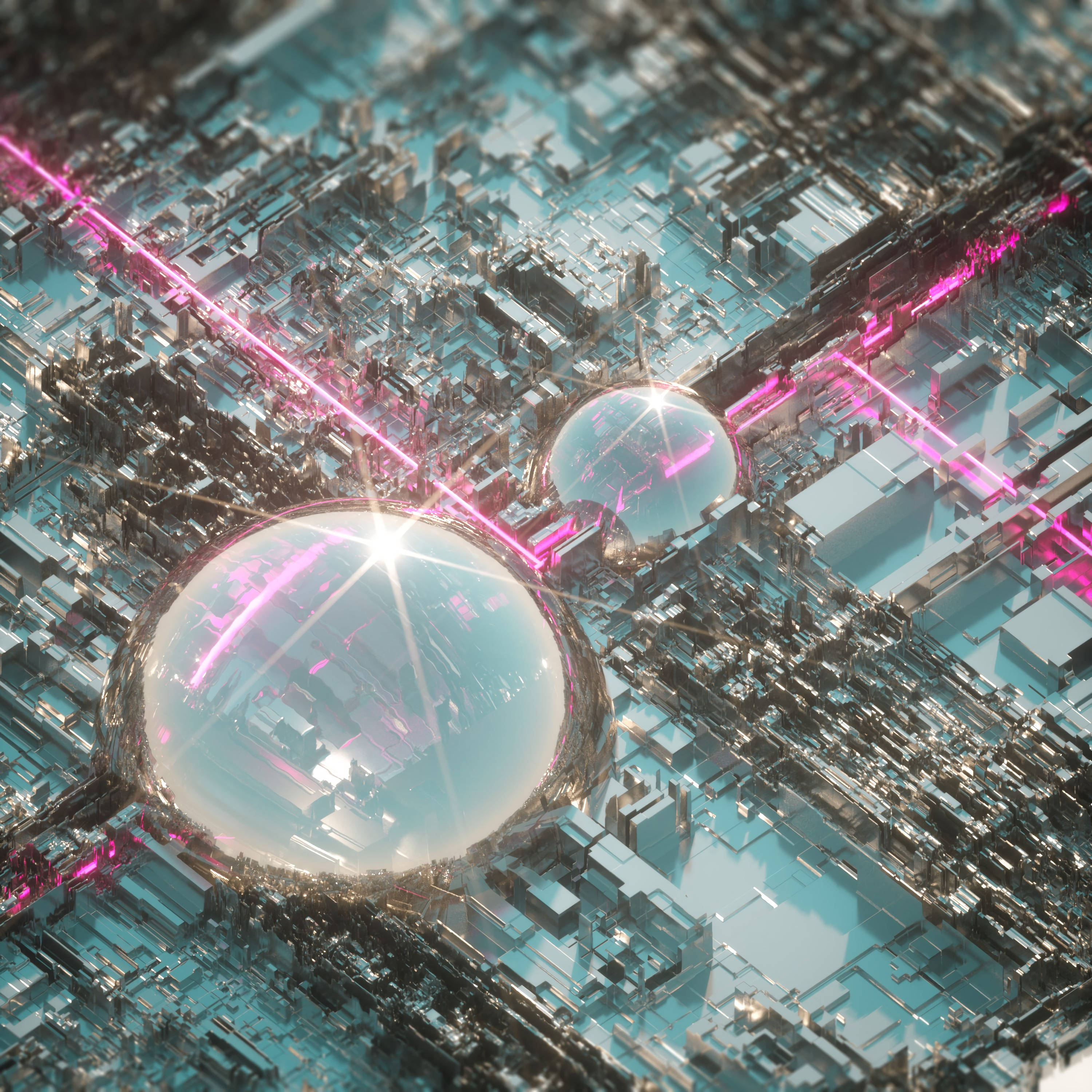 3D 桌布 壁紙 — 兩個發光的球體懸浮在未來主義的城市景觀之上，霓虹粉紅色的能量光束切割金屬結構。