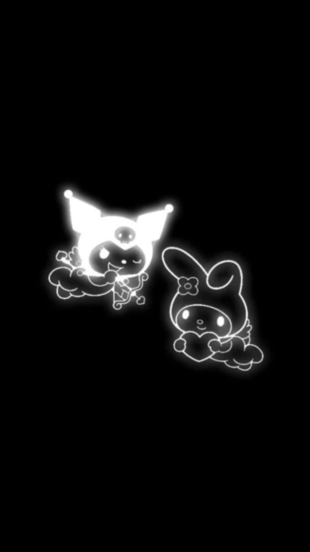 Kuromi And My Melody 桌布 壁紙 — 兩個發光的白色卡通人物在黑色背景上漂浮在雲端，帶有霓虹燈輪廓。