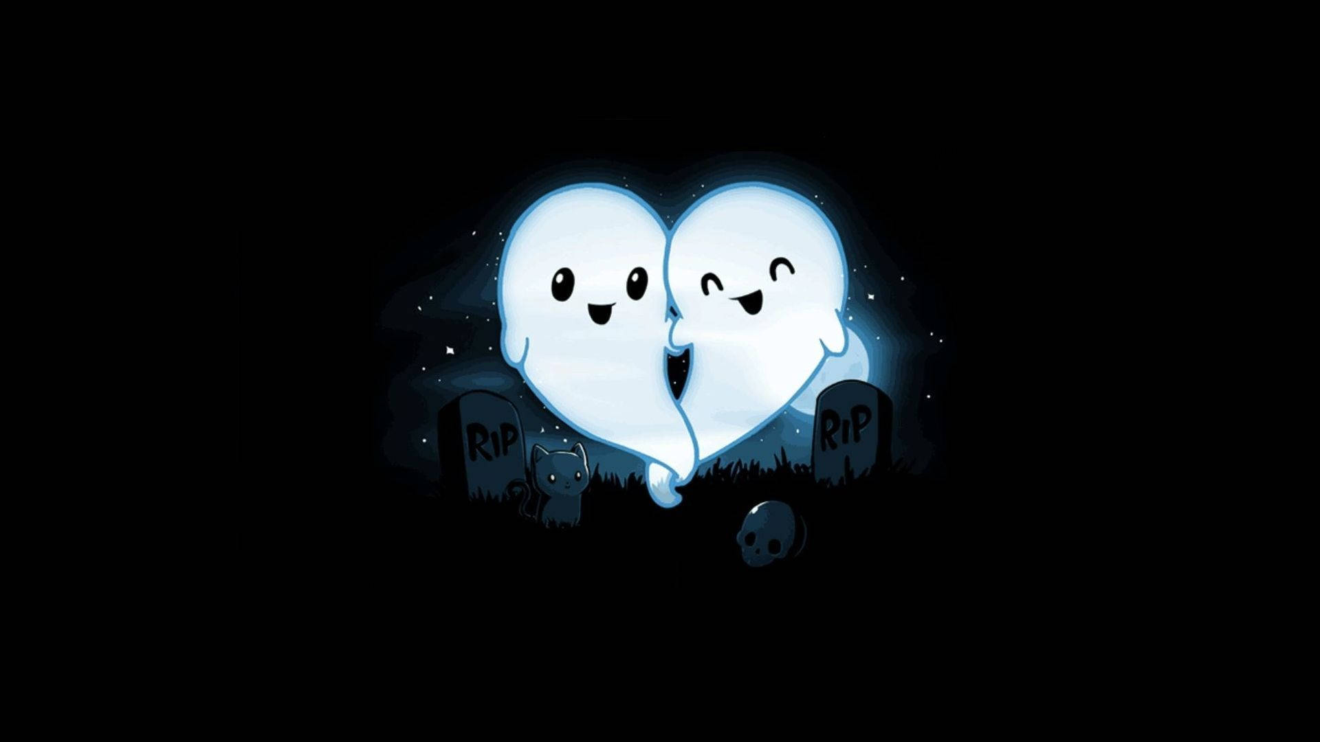 Cute Heart 桌布 壁紙 — 兩個發光的白色卡通鬼魂在黑暗的墓地上方形成心形，墓地有墓碑和一個頭骨。