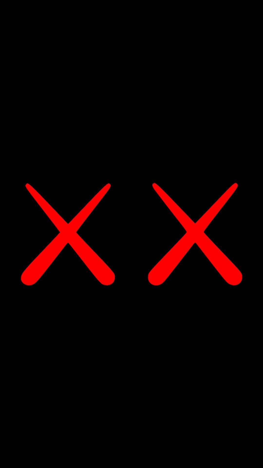kaws 4K 桌布 壁紙 — 兩個發光的紅色X符號漂浮在純黑色背景上，營造出鮮明的極簡視覺效果。