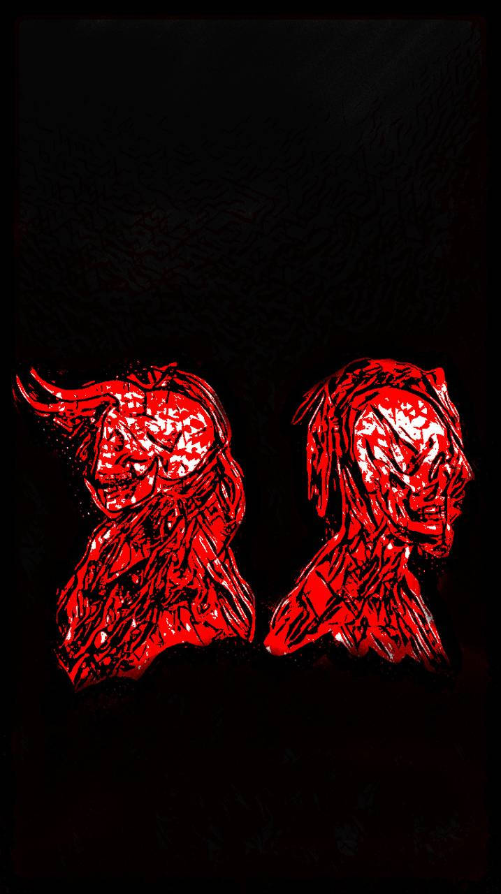 suicideboys 桌布 壁紙 — 兩個發光的紅色惡魔頭顱，帶有角和裂紋紋理，從黑暗中浮現，呈現風格化插圖。