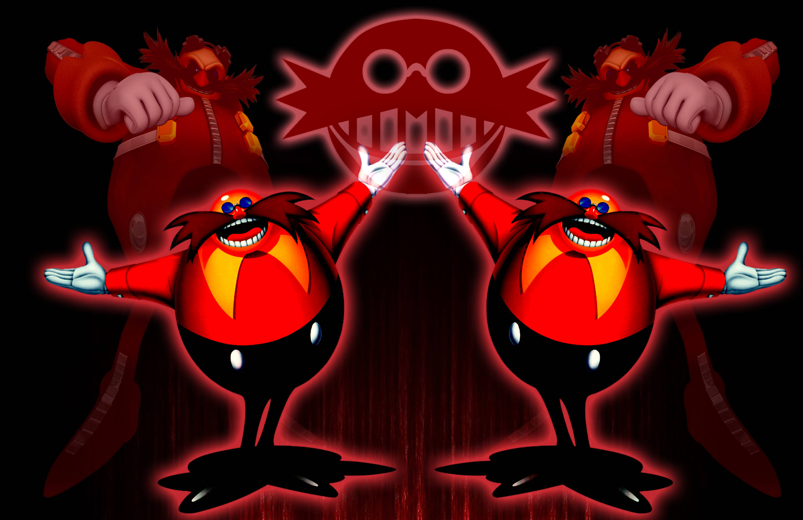 Eggman 桌布 壁紙 — 兩個發光的紅色蛋頭機器人，咧嘴大笑，雙臂伸展，站在一個帶有威脅性的紅色骷髏標誌前，背景為深色。