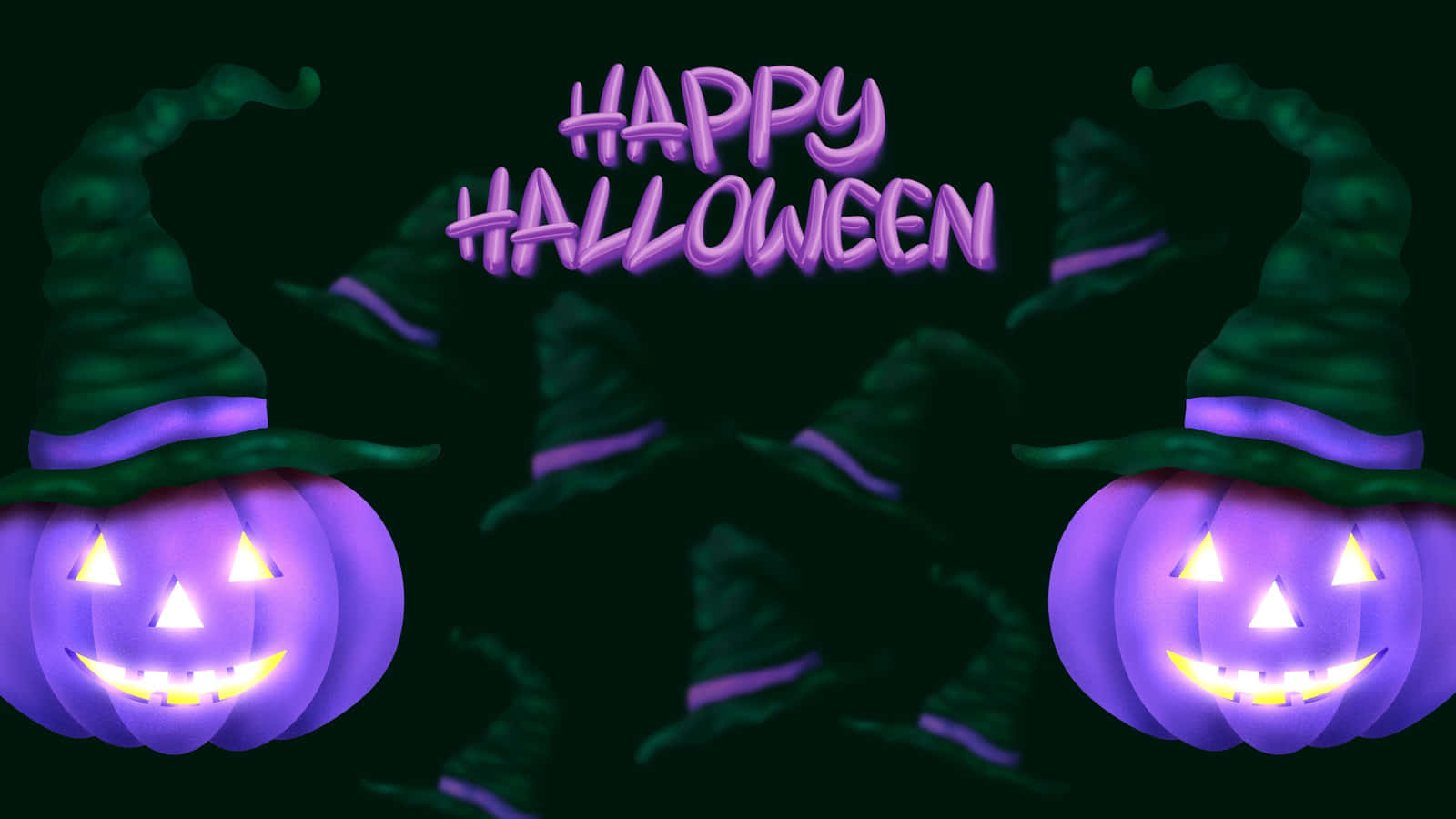 pumpkins 桌布 壁紙 — 兩個發光的紫色南瓜，戴著綠色女巫帽，帽緣為紫色，背景為深色。