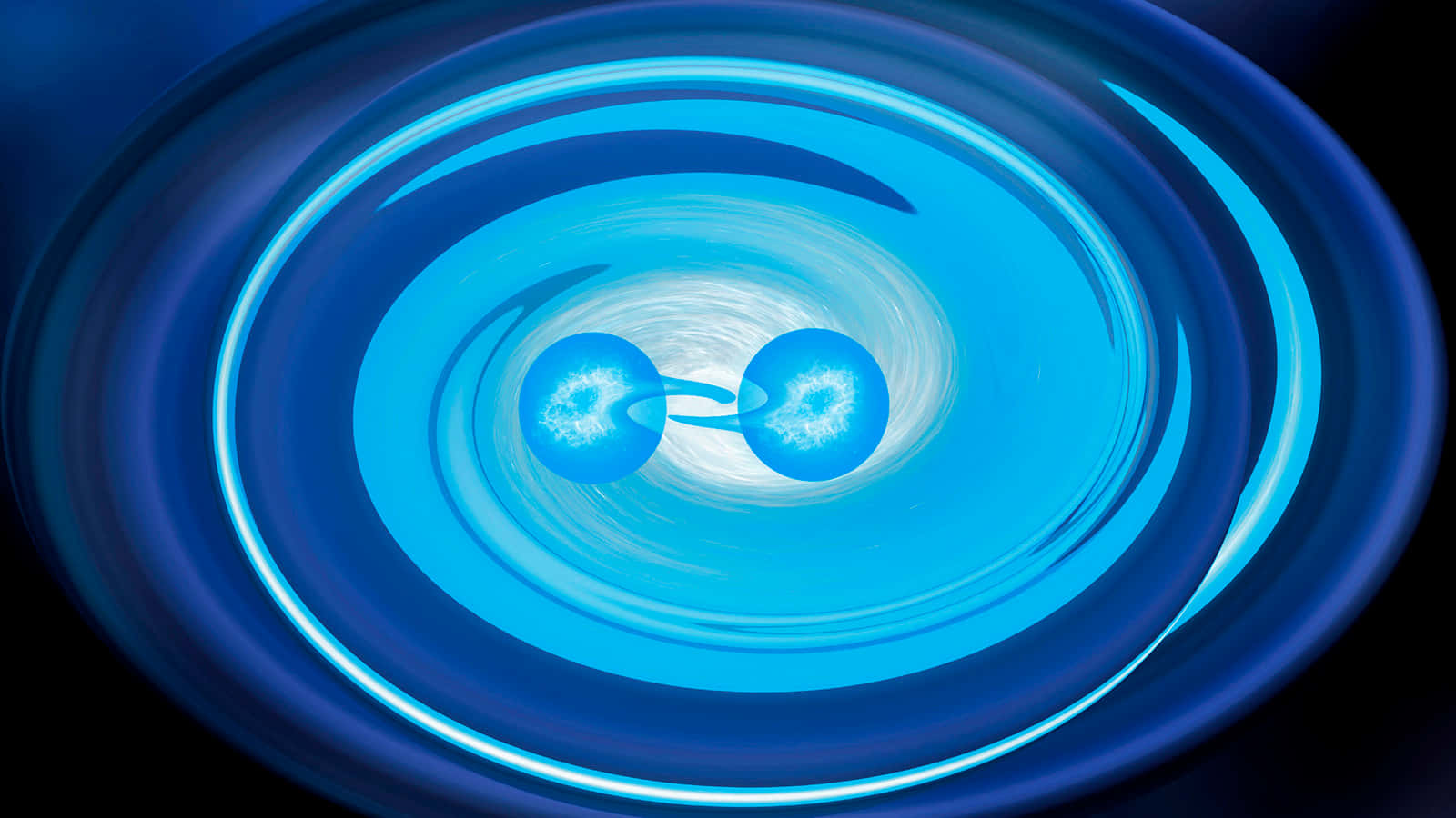 Gravitational Waves 桌布 壁紙 — 兩個發光的藍色天體在黑色虛空中，於旋轉的輻射藍色能量漩渦內互相環繞。