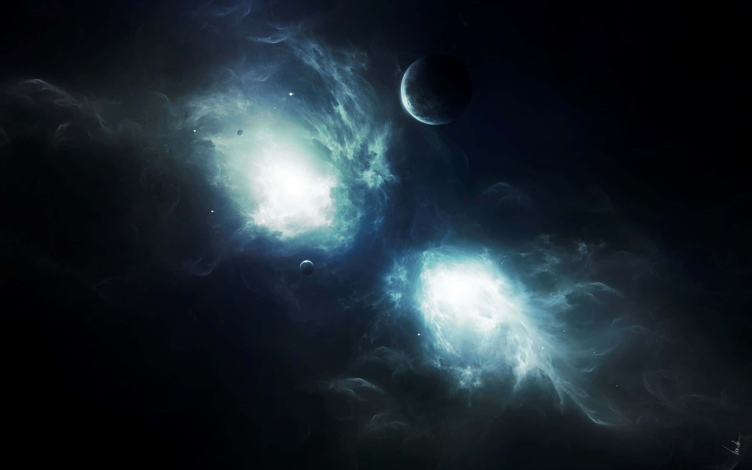 Celestial 桌布 壁紙 — 兩個發光的藍色星雲照亮了黑暗的宇宙虛空，其中有漂浮的行星和旋轉的氣體雲。