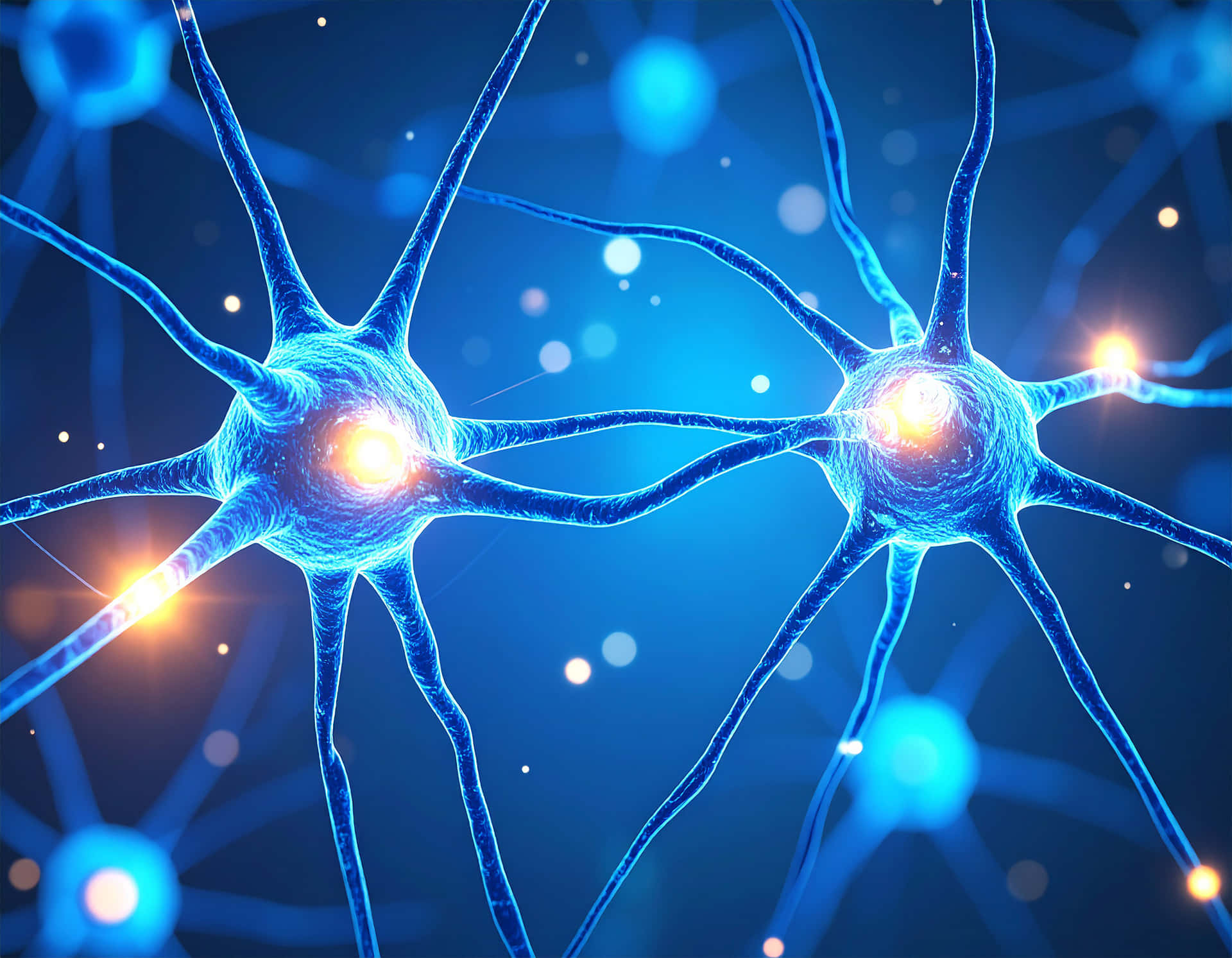 Neuron Bridge 壁紙 — 兩個發光的藍色神經元帶有明亮的黃色核心，通過分支軸突在深藍色散景背景上連接。