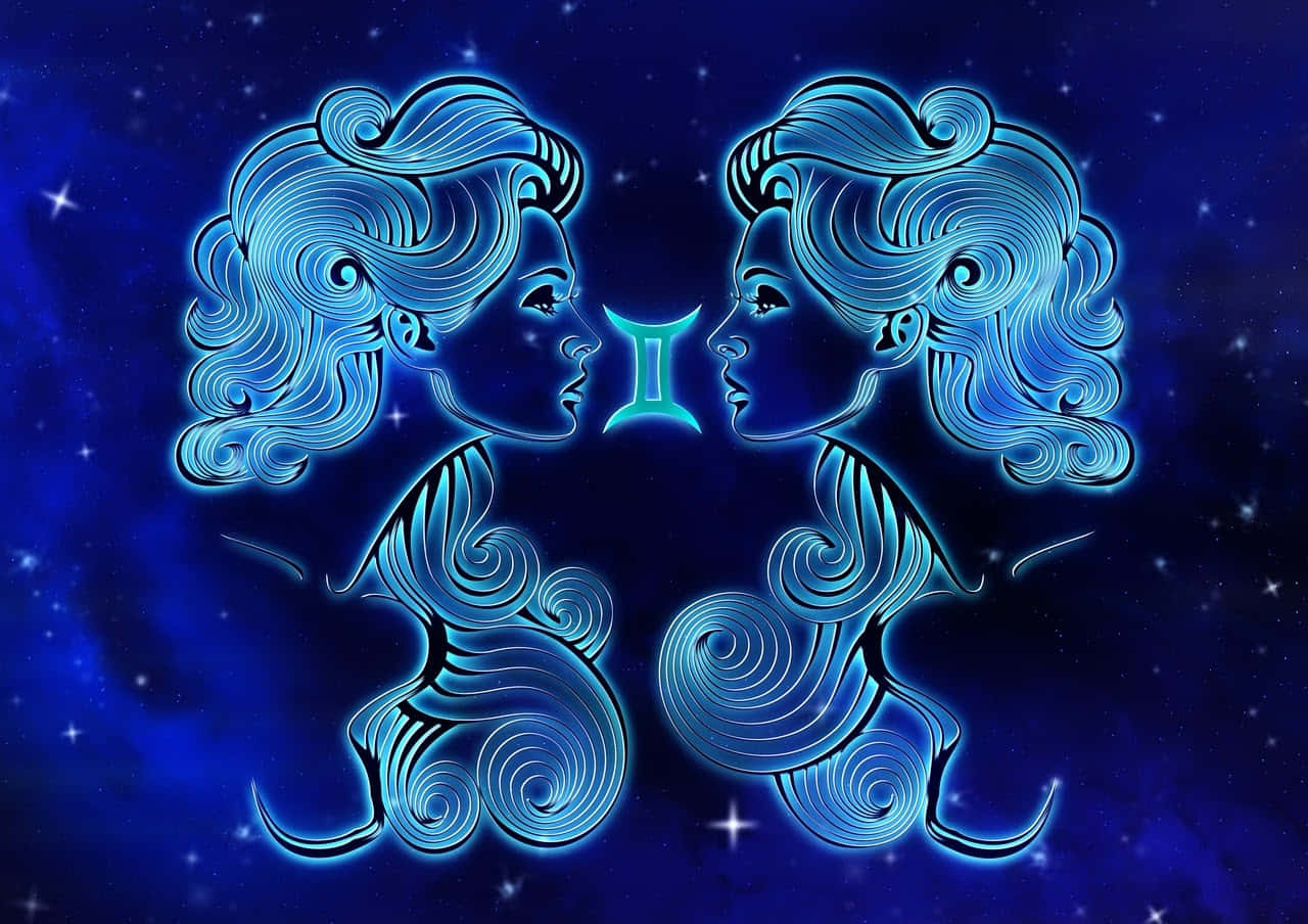gemini 桌布 壁紙 — 兩個發光的藍色雙子座在繁星點點的宇宙夜空下相對而視。