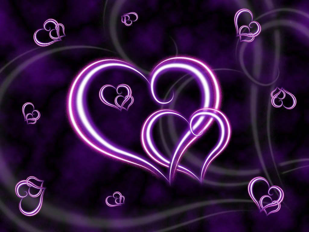 big heart 桌布 壁紙 — 兩個發光的霓虹心形交織在一起，背景是旋轉的深紫色，帶有漂浮的心形輪廓。