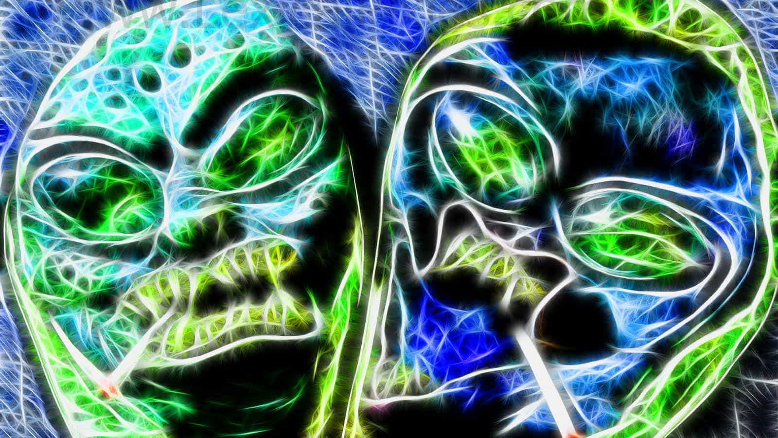 Psychedelic Neon Lights 桌布 壁紙 — 兩個發光的霓虹骷髏頭，帶有電光綠色和藍色的碎形圖案，背景是深色。