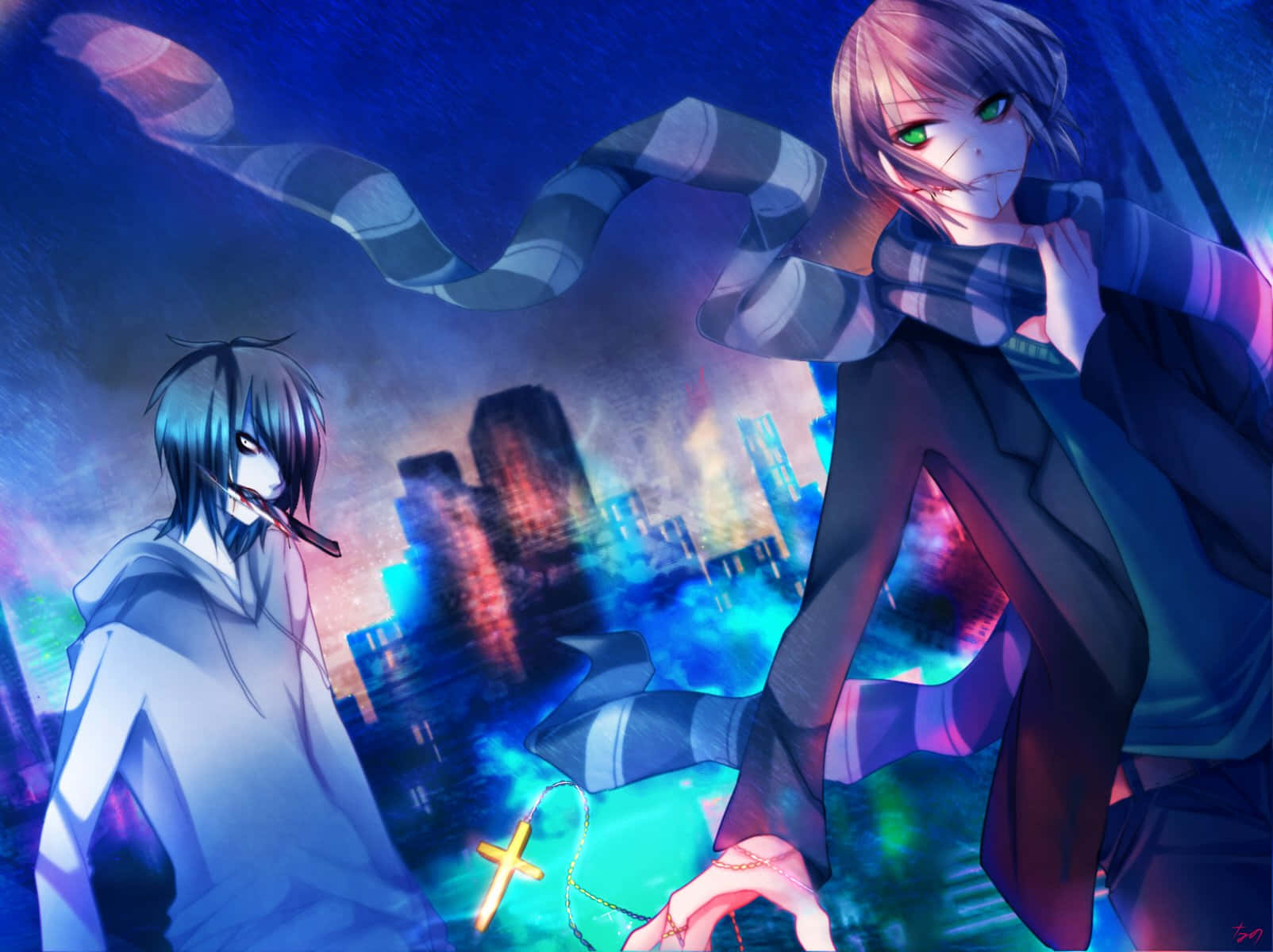 Jeff The Killer 桌布 壁紙 — 兩個發光眼睛的動漫角色在夜晚霓虹燈浸染的城市景觀中站立，其中一個手持十字架。