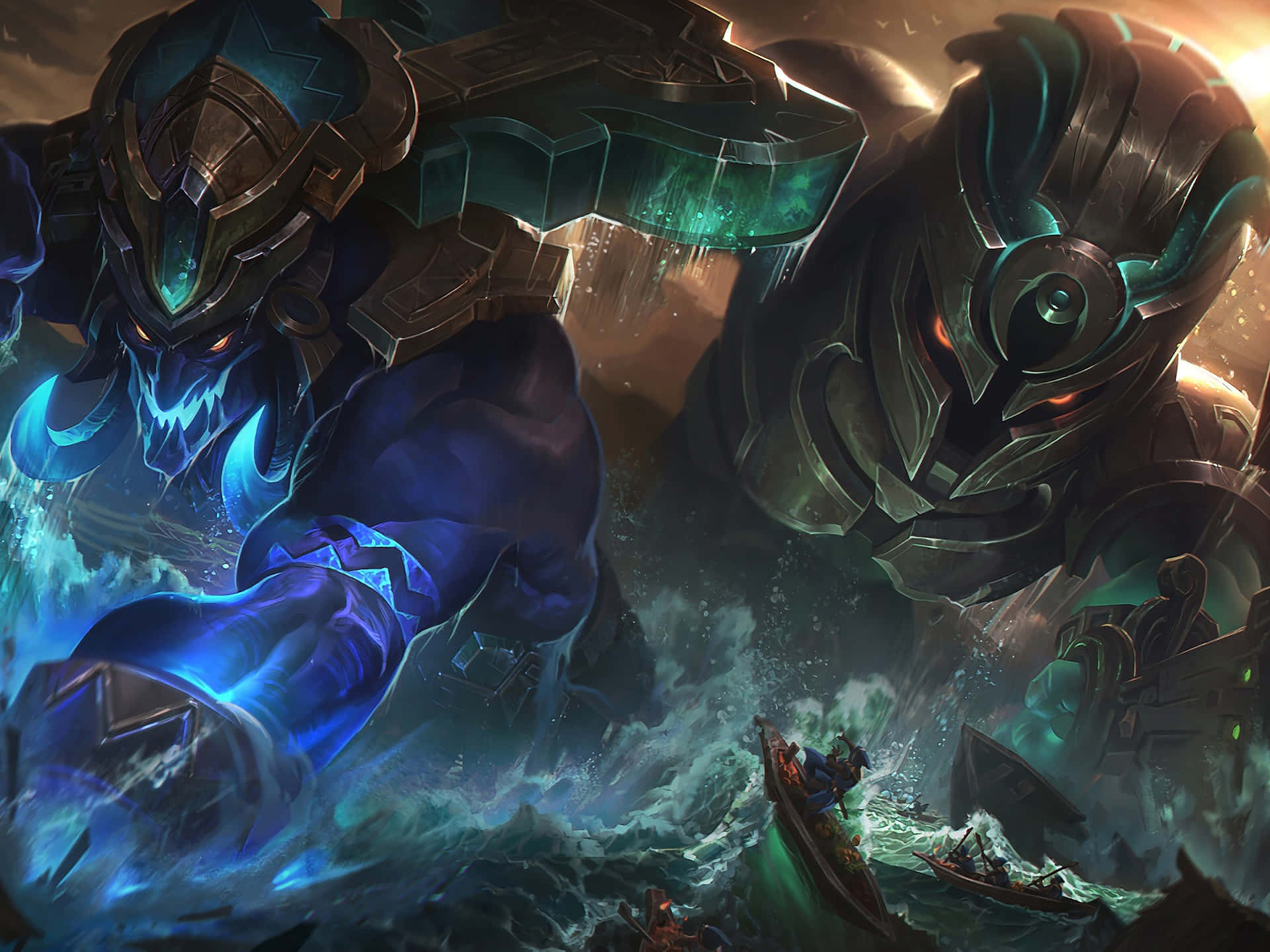 Best League Of Legends 桌布 壁紙 — 兩個發光眼睛的巨型裝甲泰坦在風暴海洋中碰撞，小船在它們龐大的身軀下戰鬥。