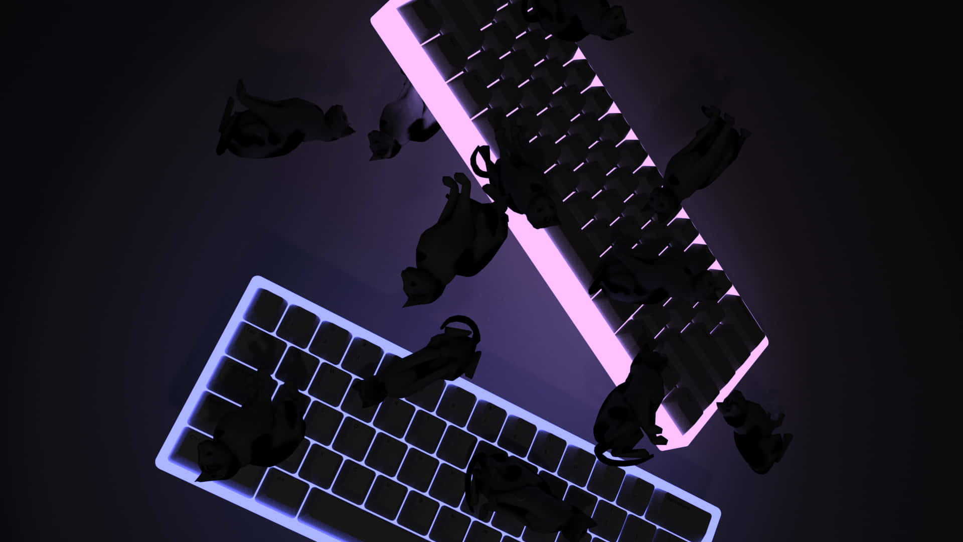 Cute Keyboard 桌布 壁紙 — 兩個發光鍵盤漂浮在黑暗空間中，周圍環繞著漂浮的黑貓剪影。