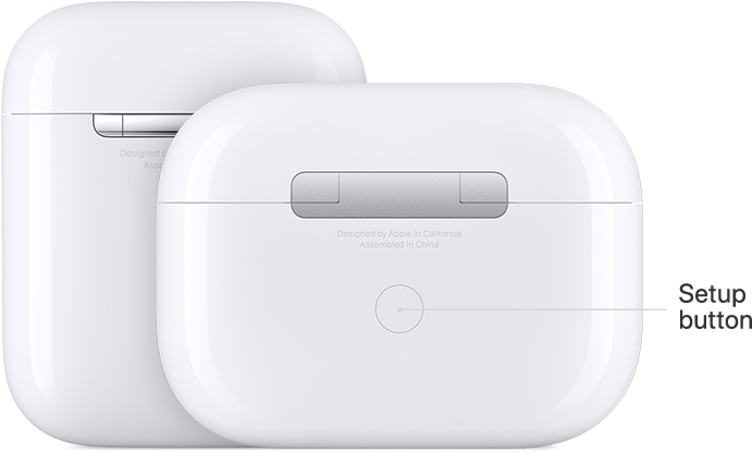 AirPods 桌布 壁紙 — 兩個白色Apple AirPods充電盒在黑色背景上顯示，帶有標籤的設置按鈕。
