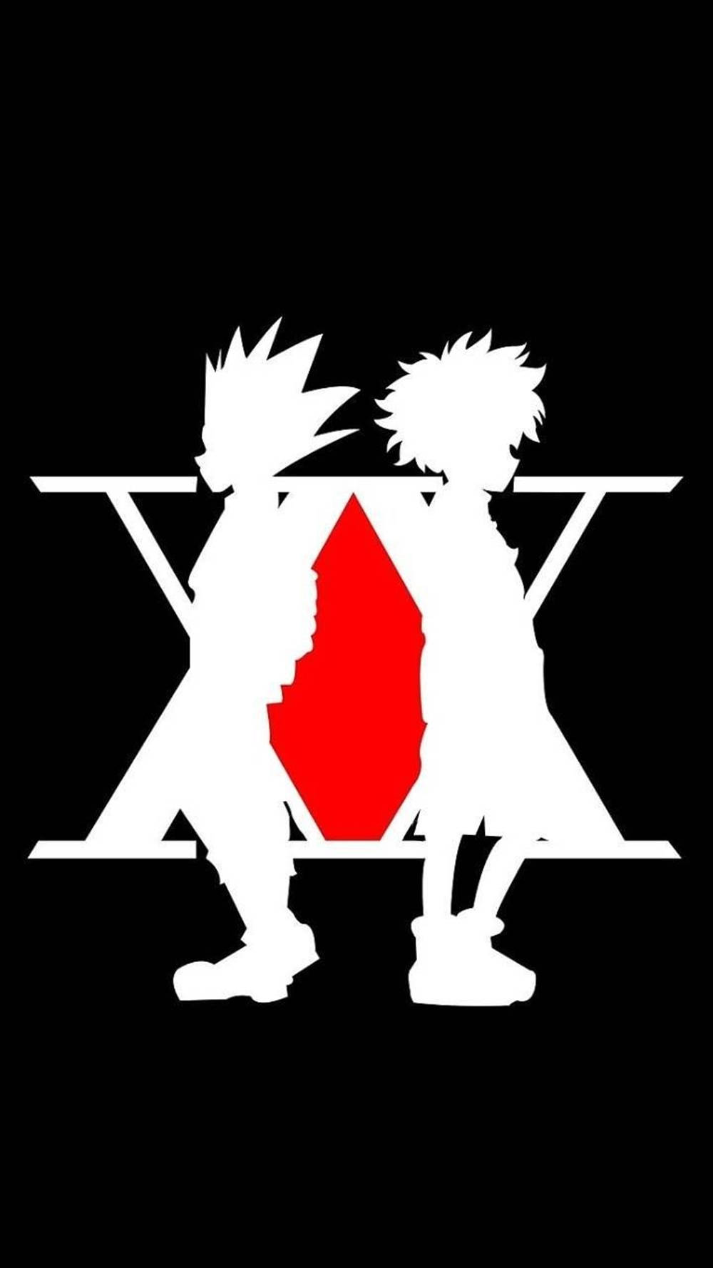 獵人 x 獵人 桌布 壁紙 — 兩個白色剪影動漫角色背對背站立，在黑色背景上形成一個風格化的X，中間有一顆紅色鑽石。