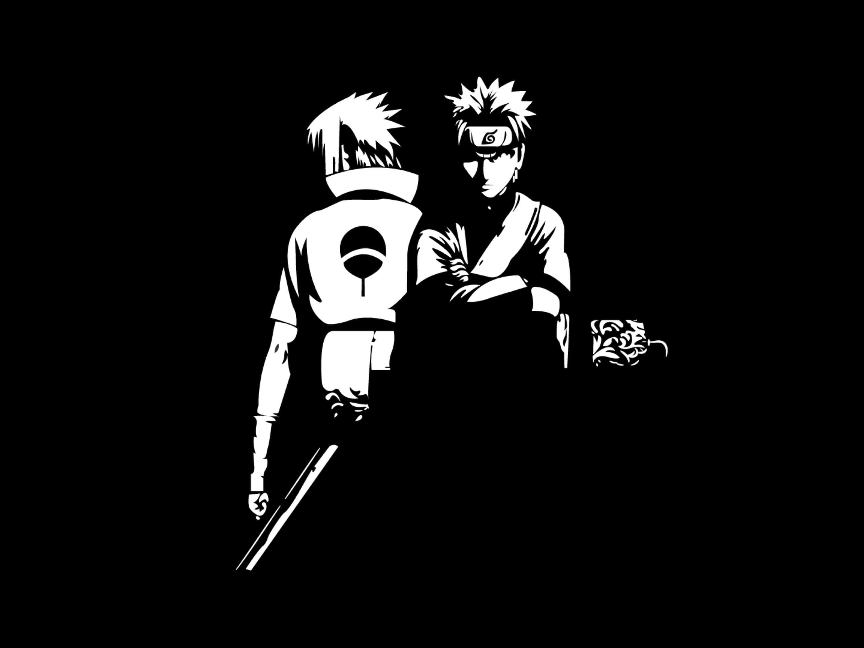 Naruto Black And White 桌布 壁紙 — 兩個白色剪影的動漫忍者角色站在黑色背景上，一個背向持劍，另一個面向前方雙臂交叉。