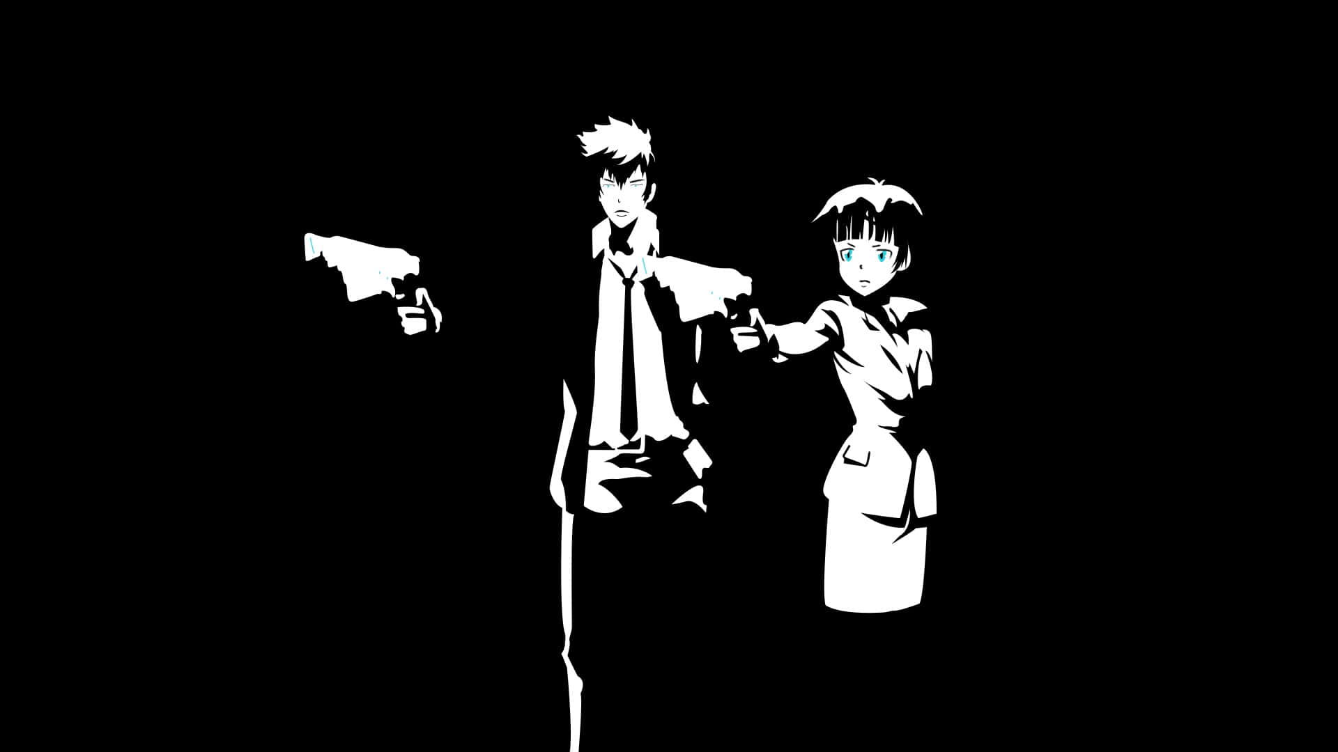 Aesthetic Black And White 桌布 壁紙 — 兩個白色剪影的動漫角色站在黑色背景前，互相用槍指著對方，形成緊張對峙。