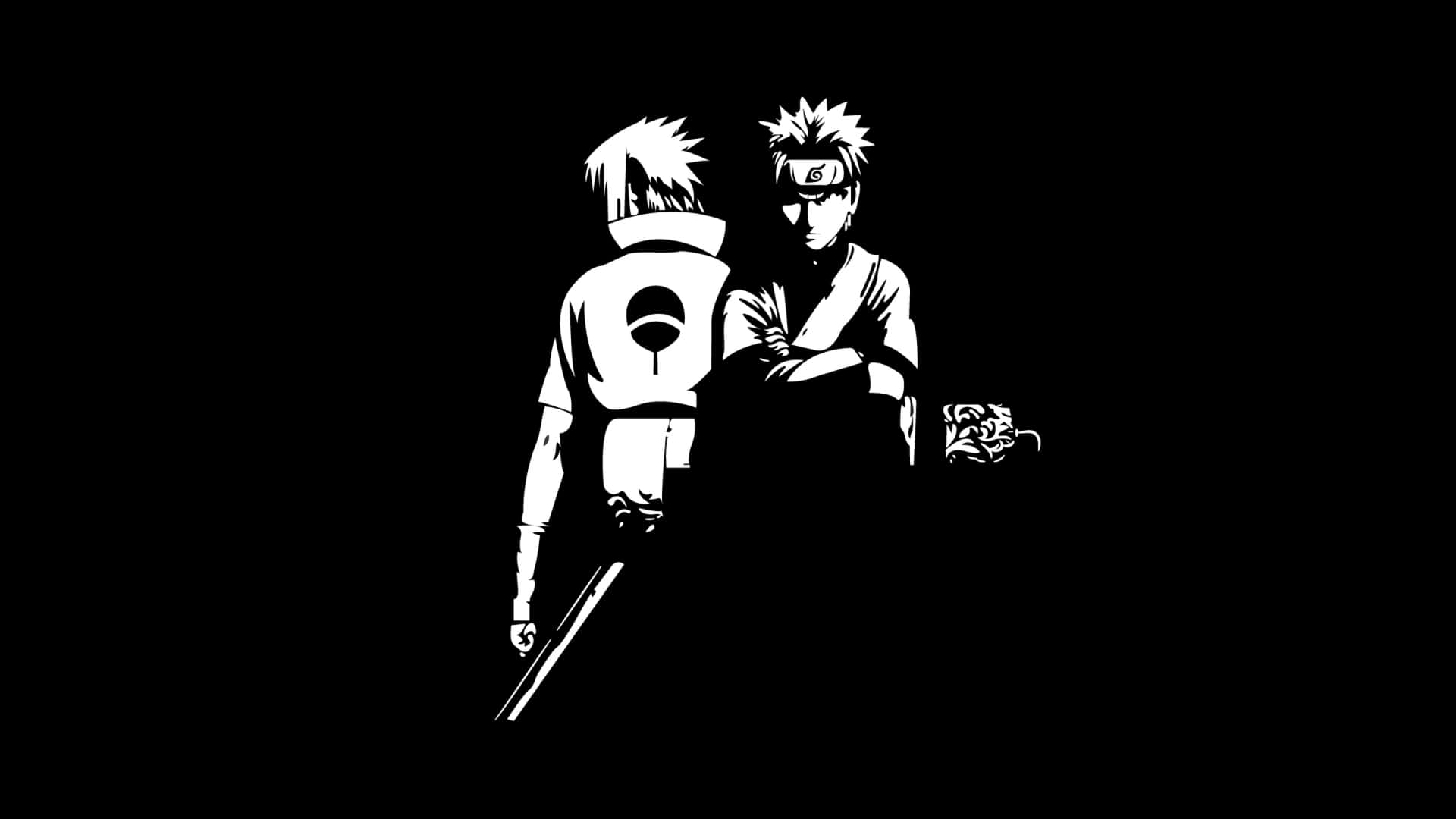 Sasuke-Naruto Wallpaper 壁紙 — 兩個白色剪影的動漫角色背對背站在黑色背景上，一個拿著劍，另一個交叉雙臂