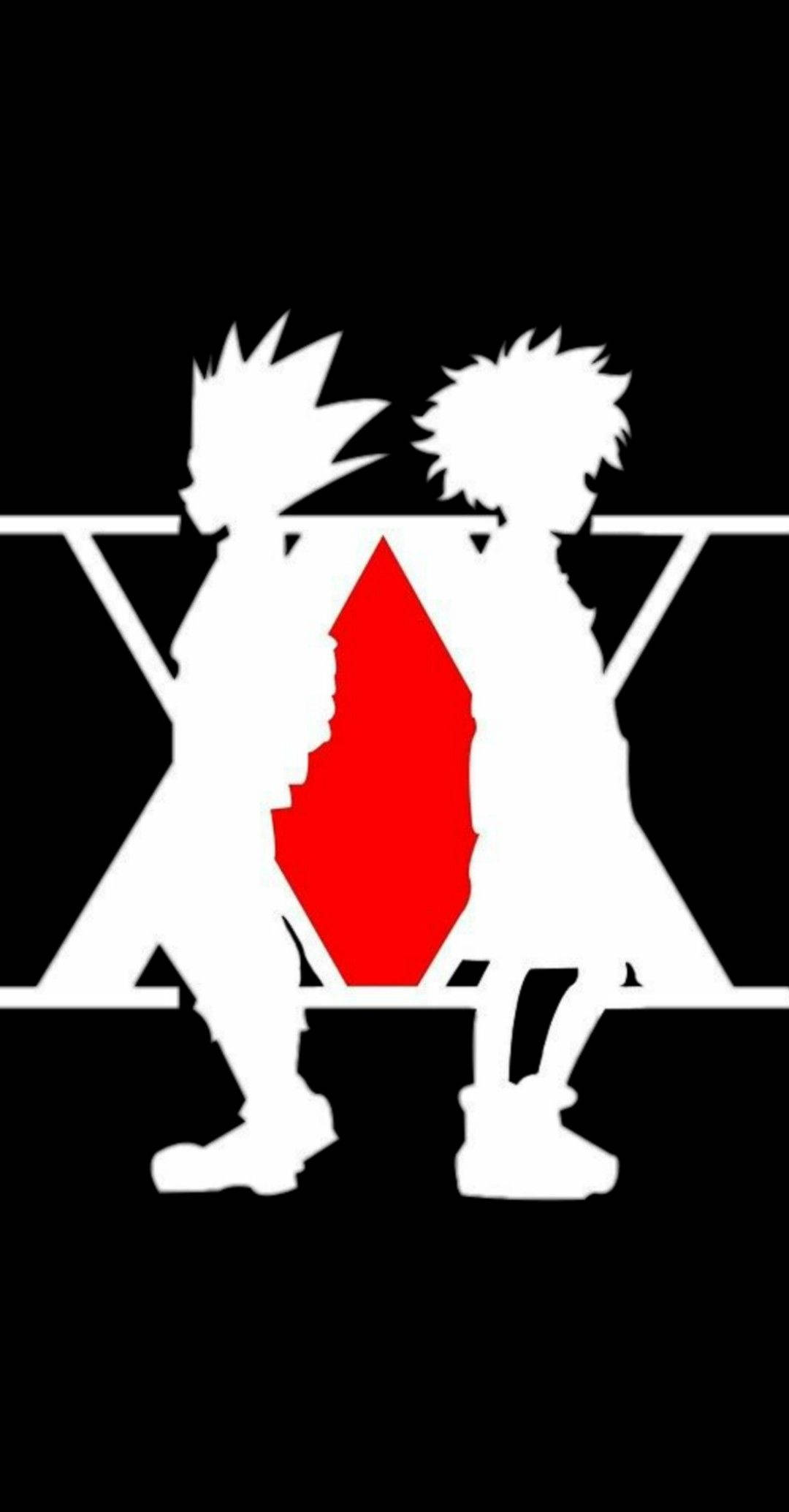 Hunter X Hunter iPhone 桌布 壁紙 — 兩個白色動漫剪影面對面，中間有一個紅色鑽石，背景為黑色。