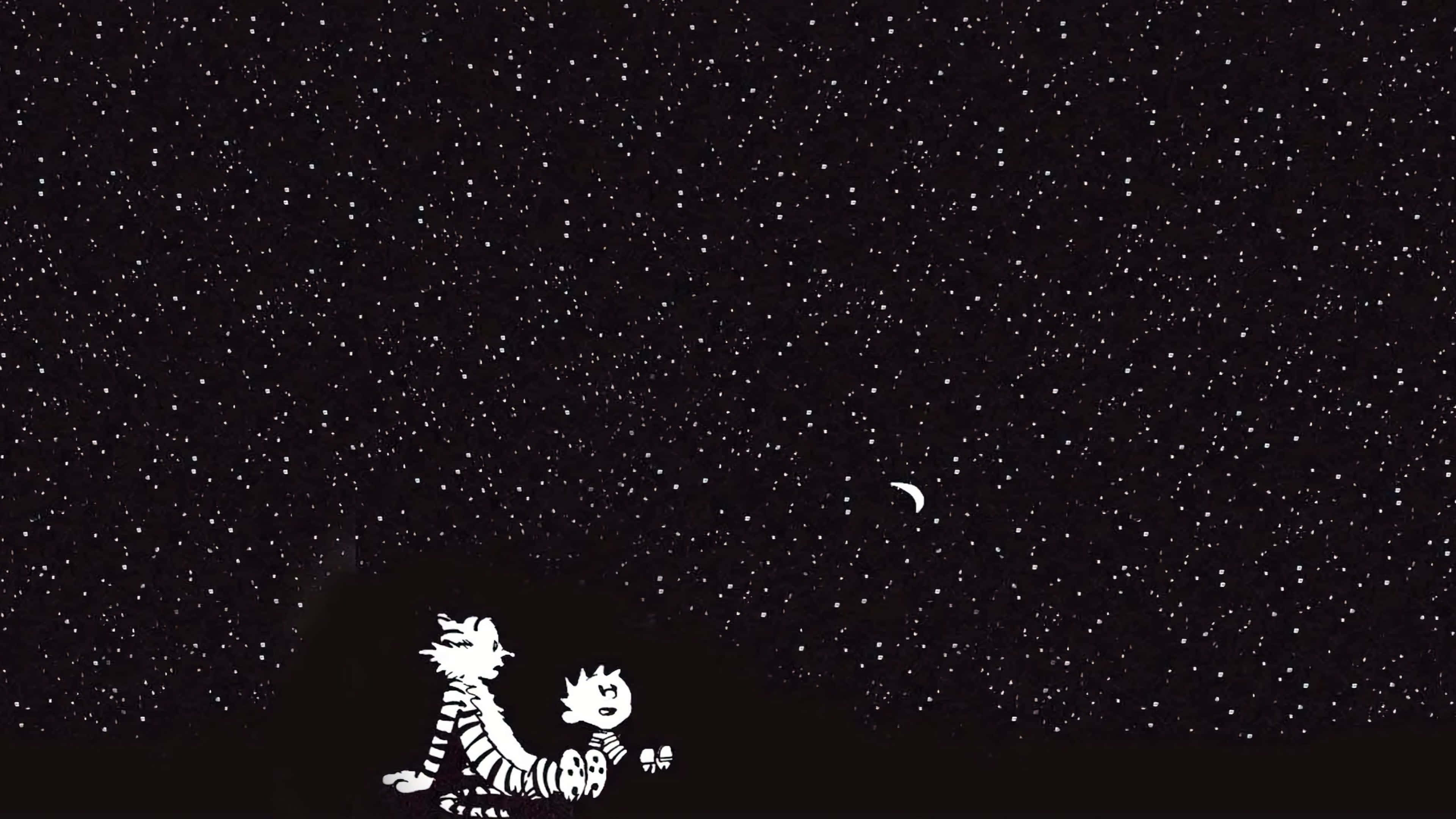 桌布 壁紙 — 兩個白色卡通角色仰望星空，上方有一彎新月。