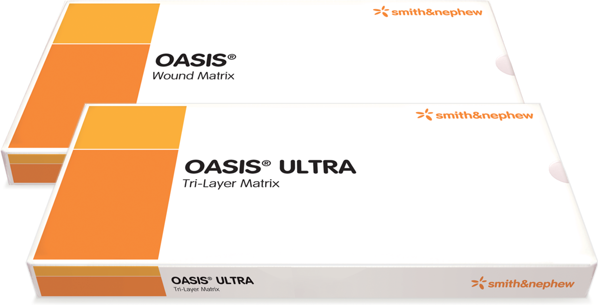 綠洲 桌布 壁紙 — 兩個白色和橙色的醫療產品盒，用於 Oasis Ultra 傷口基質，在乾淨的攝影棚燈光下展示。