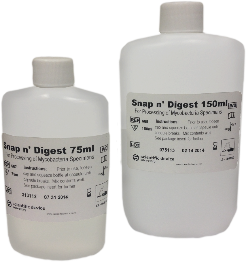 Product 桌布 壁紙 — 兩個白色塑膠瓶，標有 Snap n' Digest 用於分枝桿菌處理，立在黑色背景前。