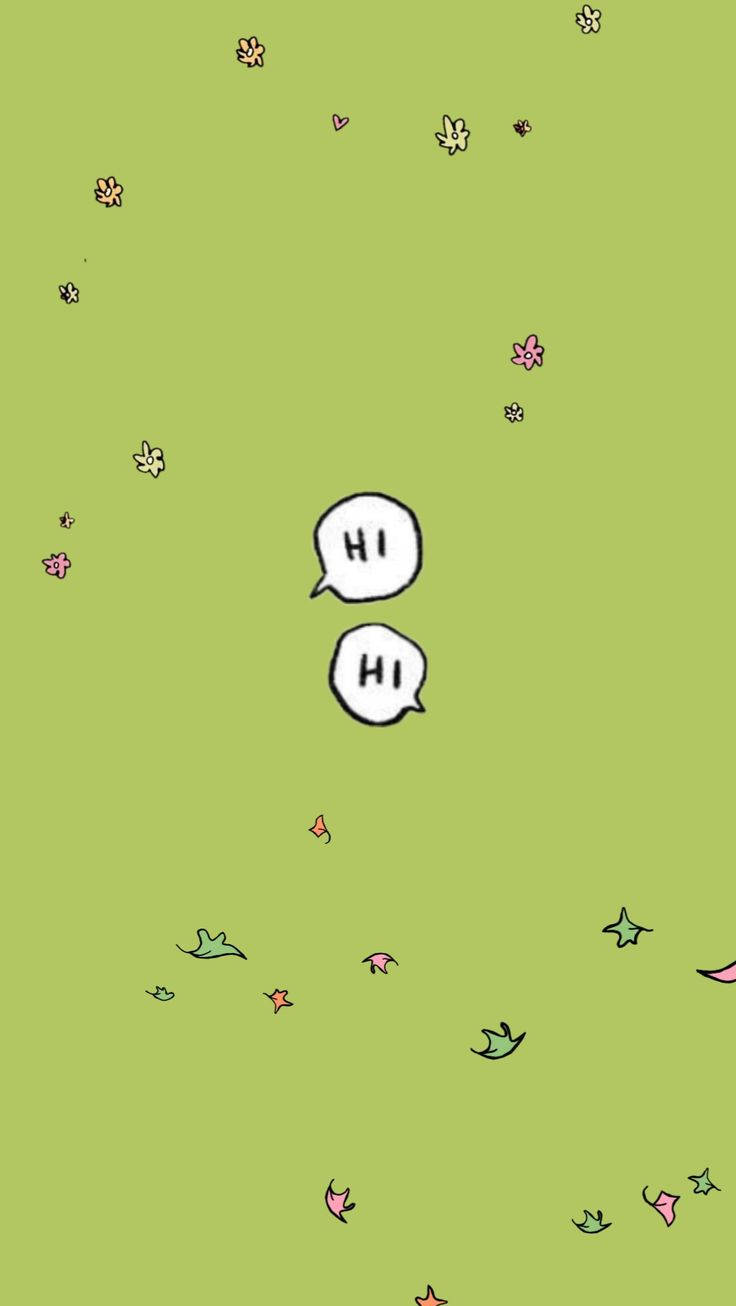Hi 桌布 壁紙 — 兩個白色對話框帶有「HI」字樣，漂浮在淺綠色背景上，背景散落著小花和葉子。