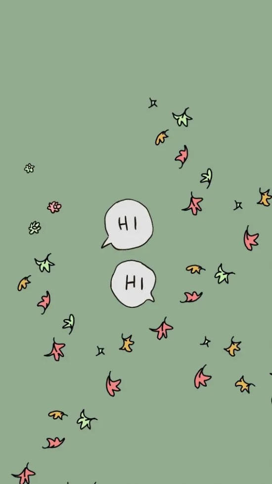 Hi 桌布 壁紙 — 兩個白色對話框帶有「HI」字樣，漂浮在散落的彩色秋葉之間，背景為柔和的綠色。