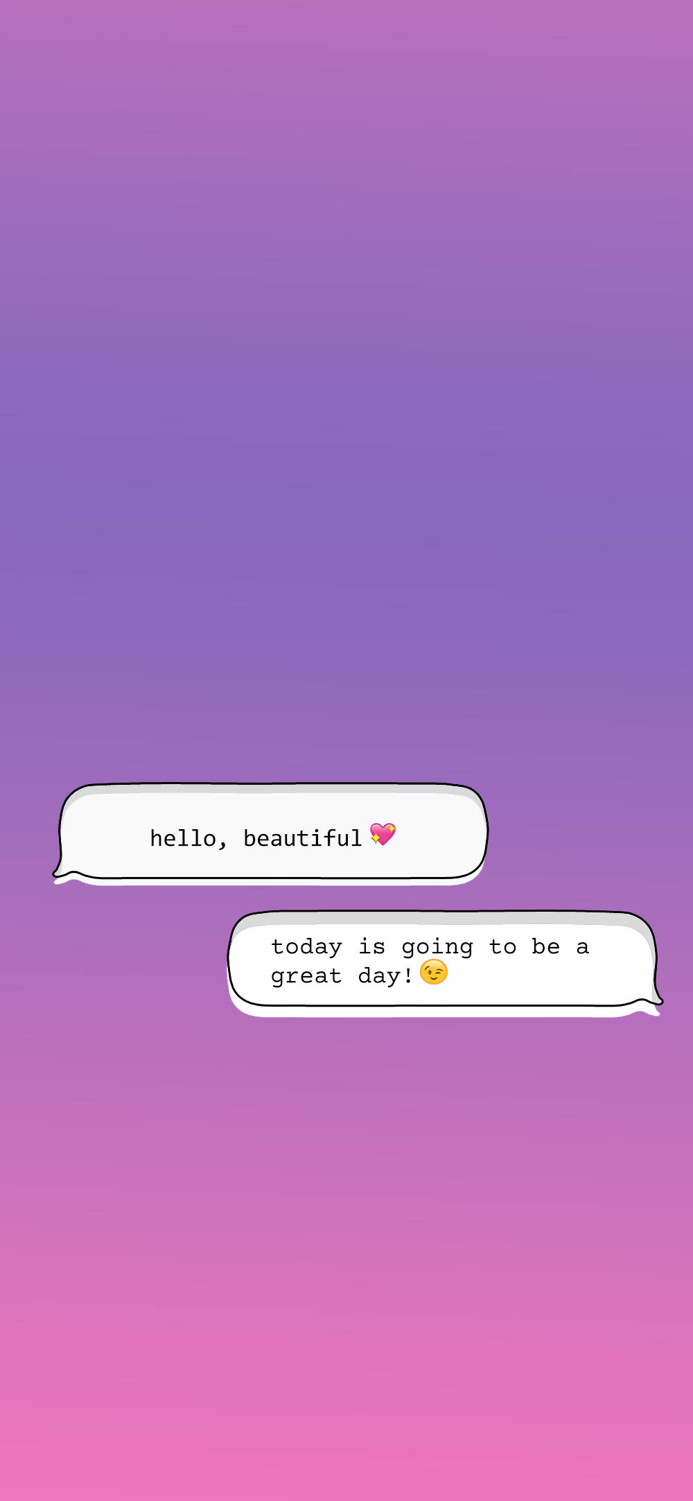 Cute Instagram 桌布 壁紙 — 兩個白色對話氣泡在柔和的紫色到粉紅色漸變背景上，包含帶有心形和笑臉表情符號的愉快文字訊息。