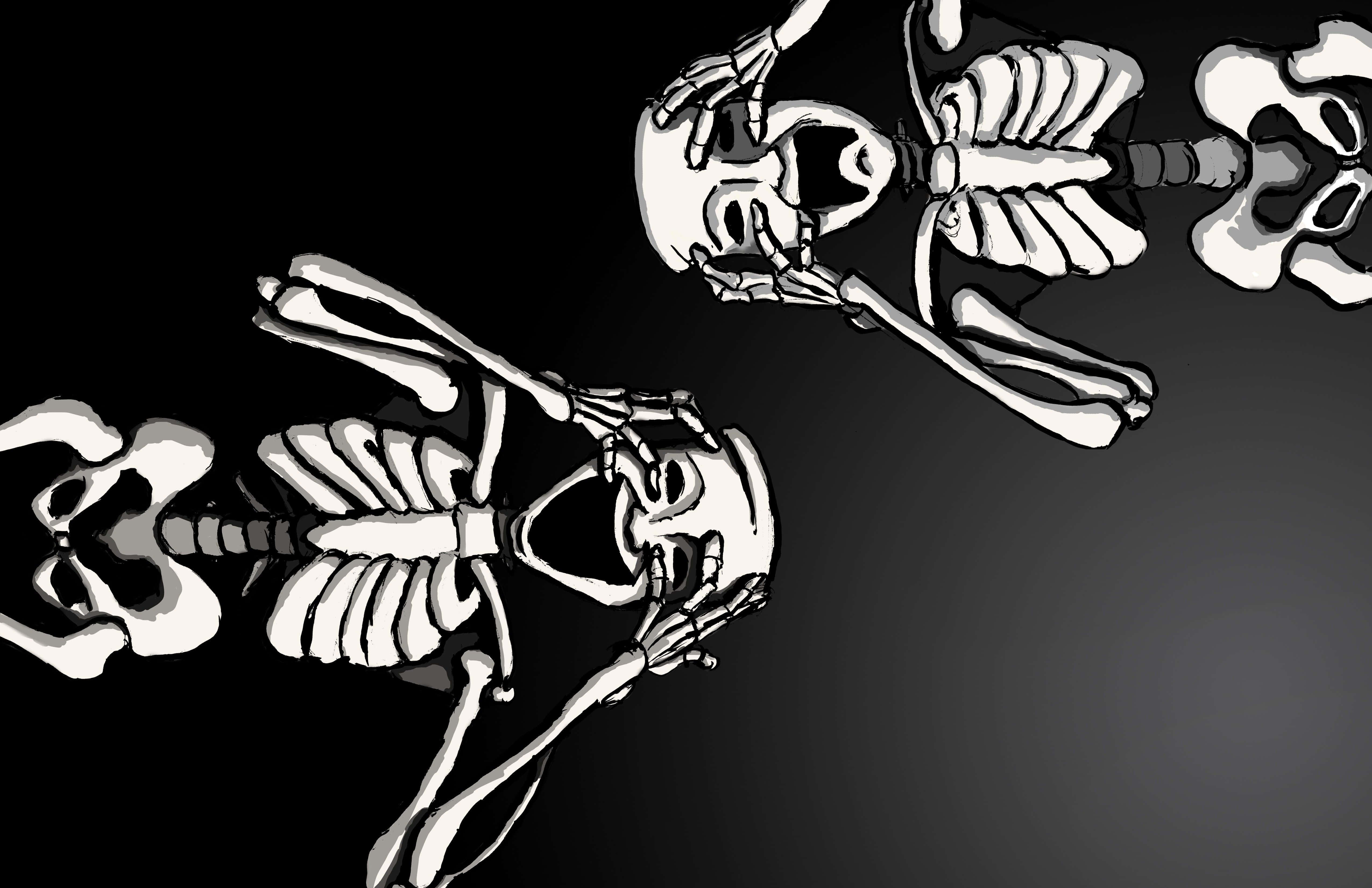 Halloween Skeleton 桌布 壁紙 — 兩個白色帶黑色輪廓的風格化骷髏在深色漸變背景上看起來很痛苦。