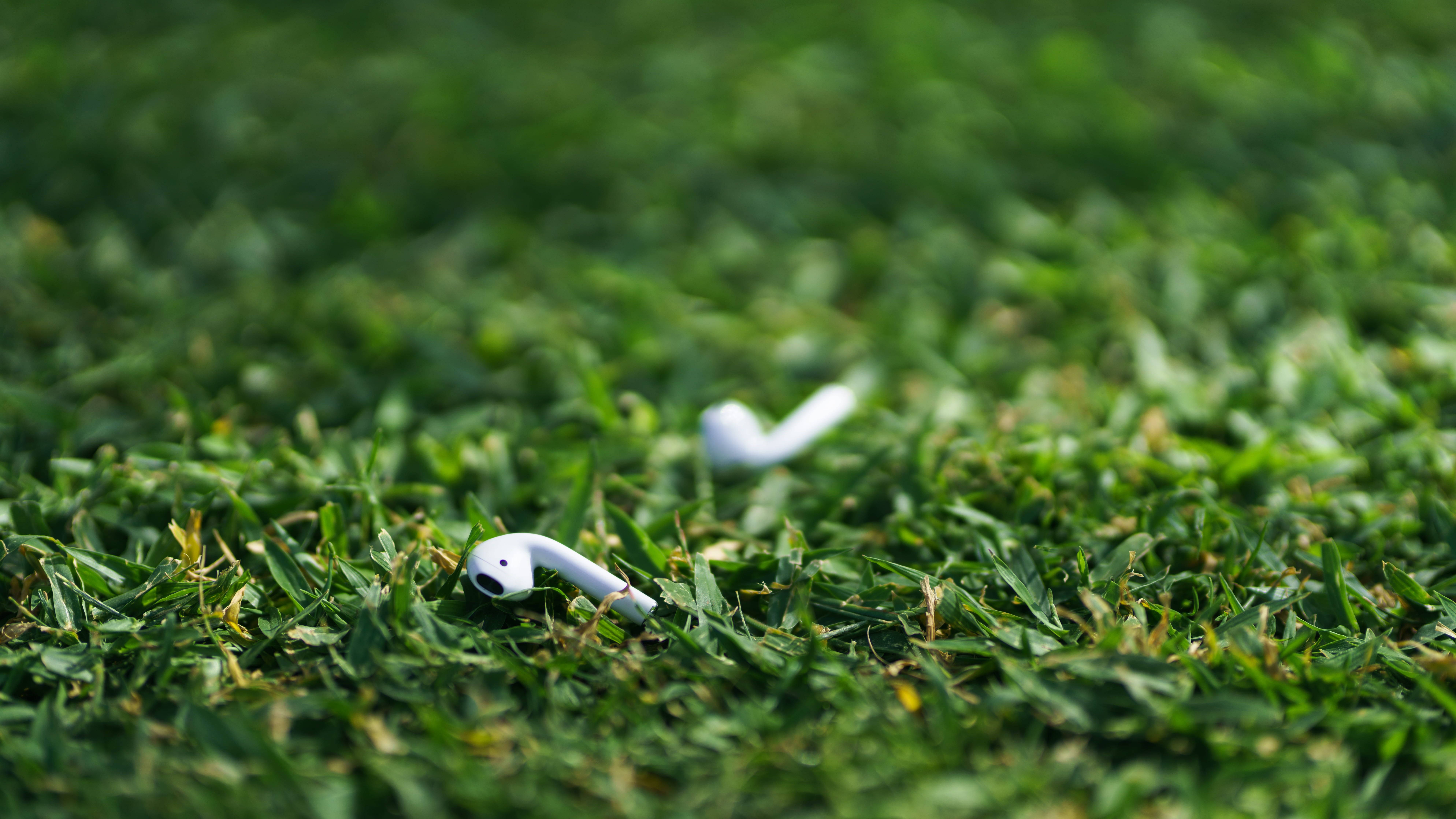 AirPods 桌布 壁紙 — 兩個白色無線耳塞放在充滿活力的綠色草地上，景深較淺。