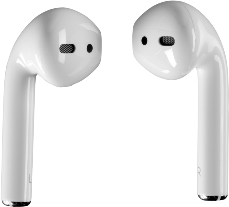 AirPods 桌布 壁紙 — 兩個白色無線耳機，具有光面處理和網狀揚聲器格柵，顯示在黑色背景上。