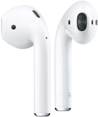 AirPods 桌布 壁紙 — 兩個白色無線耳機並排顯示在乾淨的白色背景上，帶有可見的揚聲器格柵和觸控控制。