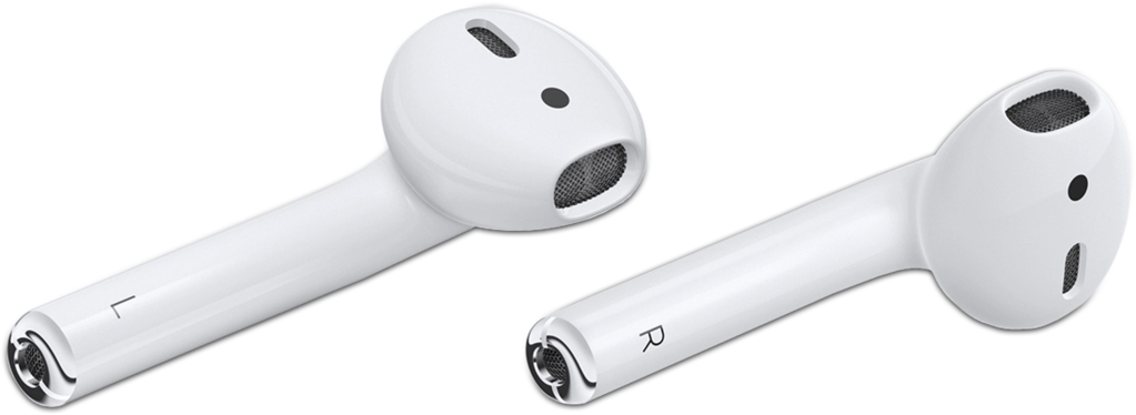 AirPods 桌布 壁紙 — 兩個白色無線耳機在黑色背景上孤立顯示，左右型號帶有揚聲器格柵和觸控控制。