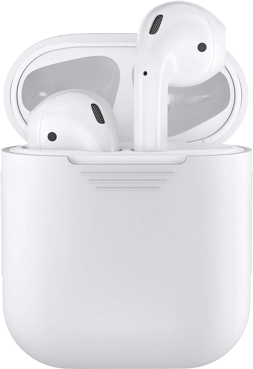 AirPods 桌布 壁紙 — 兩個白色無線耳機放在打開的充電盒中，一個直立，一個放在裡面。