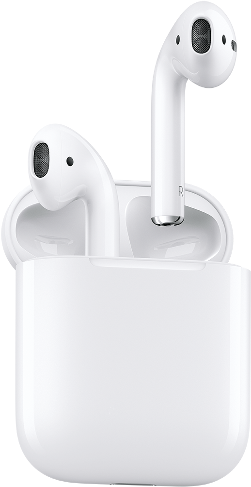 AirPods 桌布 壁紙 — 兩個白色無線耳機直立於打開的充電盒中，背景為純黑色。