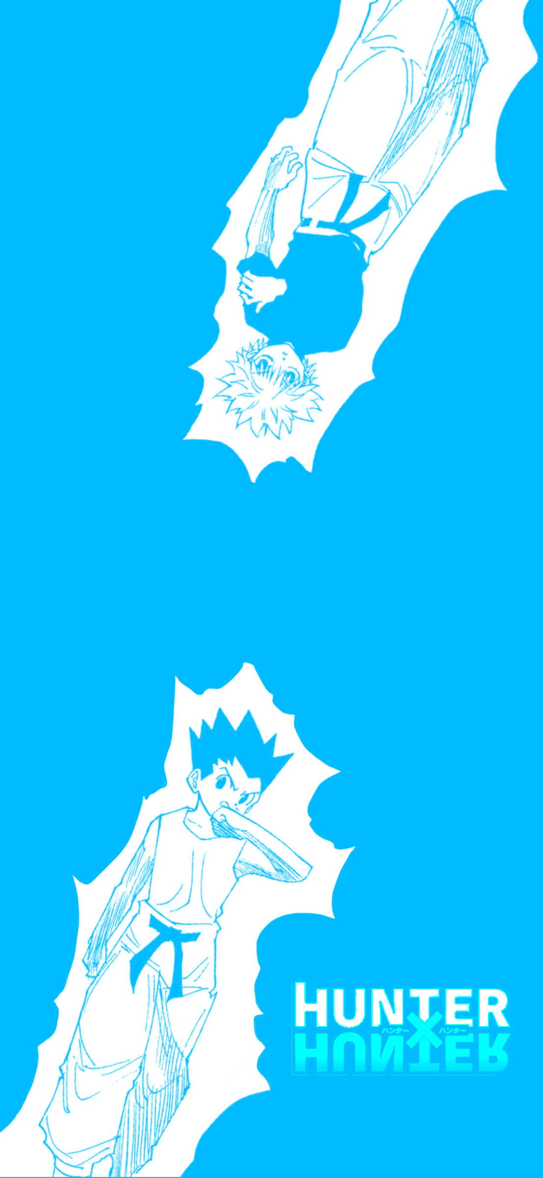 Gon And Killua 桌布 壁紙 — 兩個白色線條動畫角色漂浮在純藍色背景上，帶有 Hunter x Hunter 標誌。