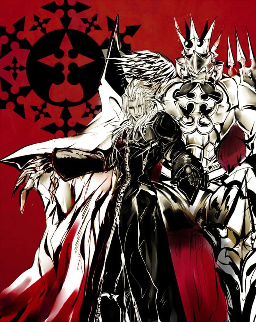 Kingdom Hearts Xemnas 桌布 壁紙 — 兩個白髮、身穿盔甲的動漫角色站在帶有黑色華麗圖案的醒目紅色背景前。