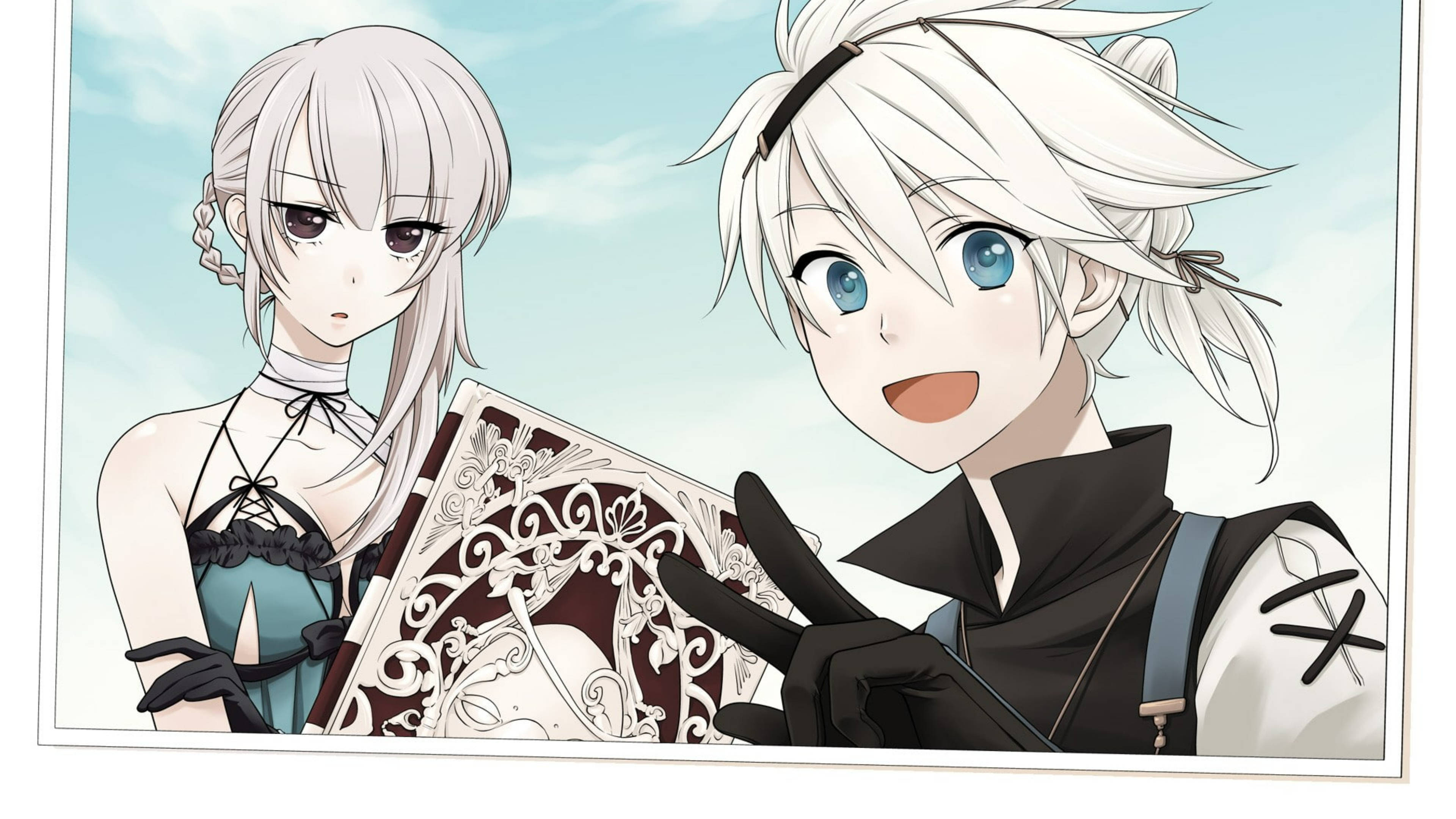 Nier 桌布 壁紙 — 兩個白髮動漫角色，一個微笑著拿著華麗的書，另一個在柔和天空背景下表情嚴肅。