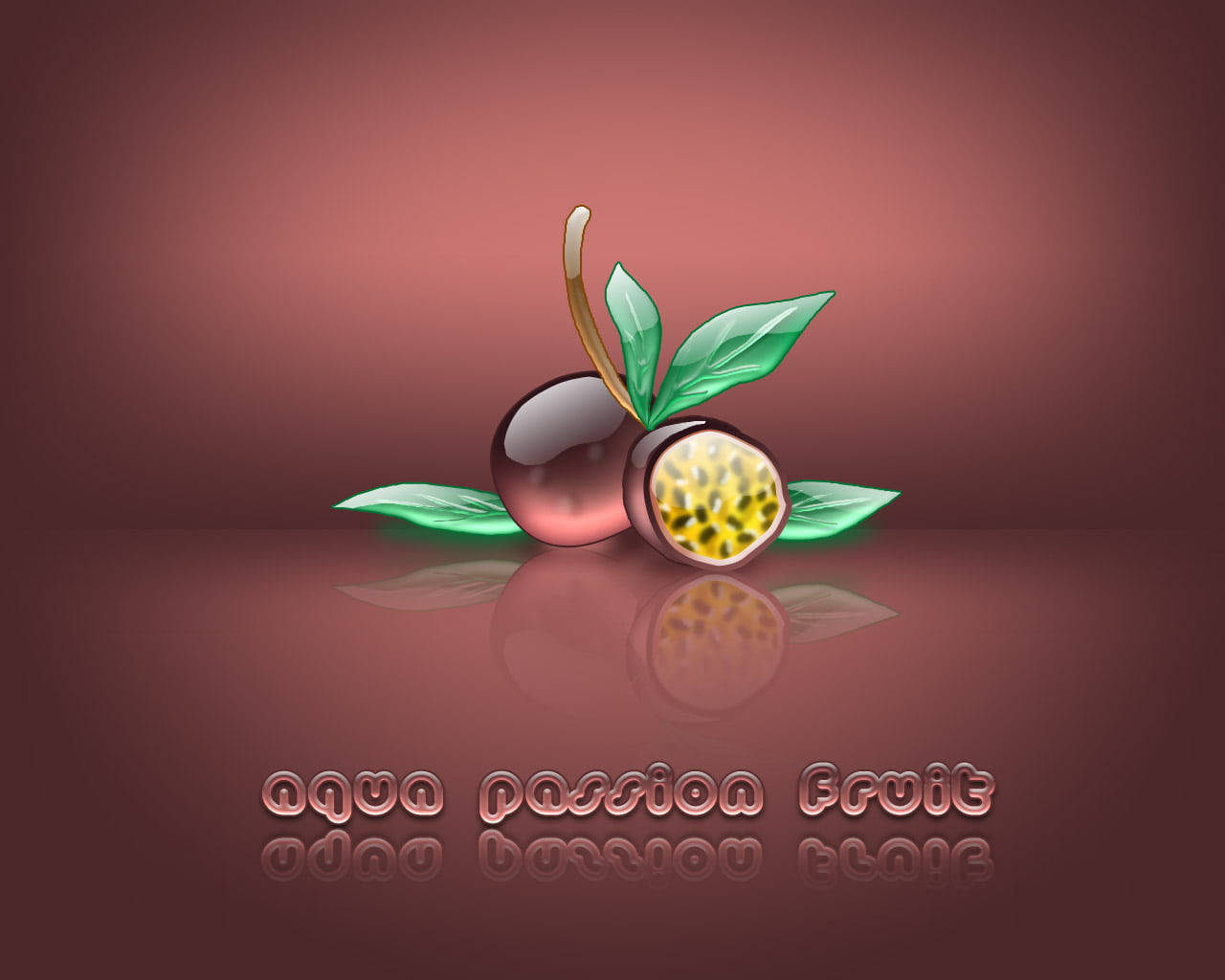 Fruits 桌布 壁紙 — 兩個百香果，一個完整，一個切開露出黃色種子，放在反射表面上，背景為深紫紅色。