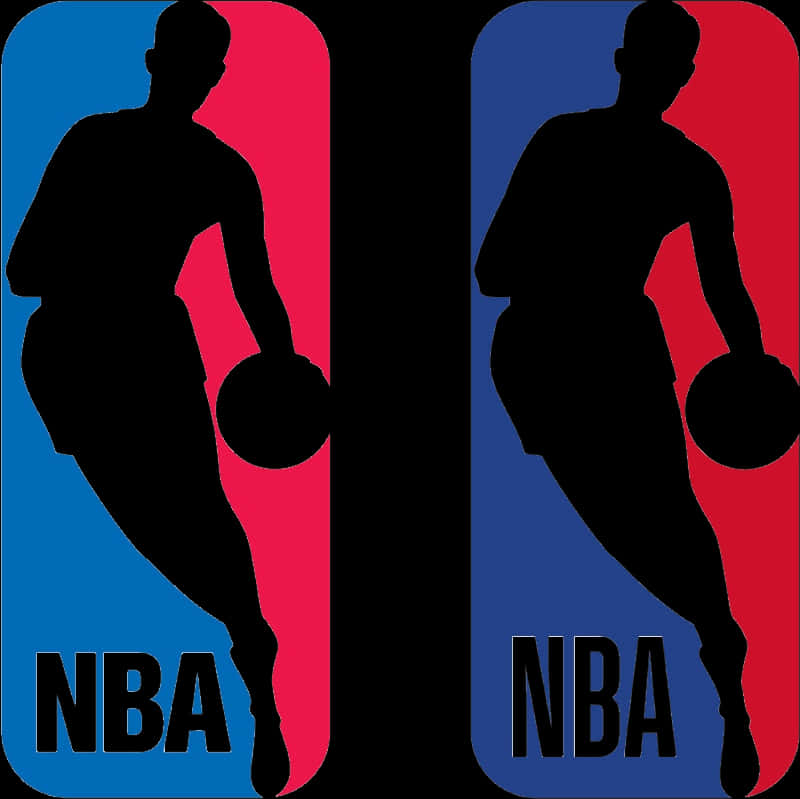 NBA標誌 桌布 壁紙 — 兩個相同的NBA標誌，以黑色剪影呈現籃球運動員在紅色和藍色背景上運球。