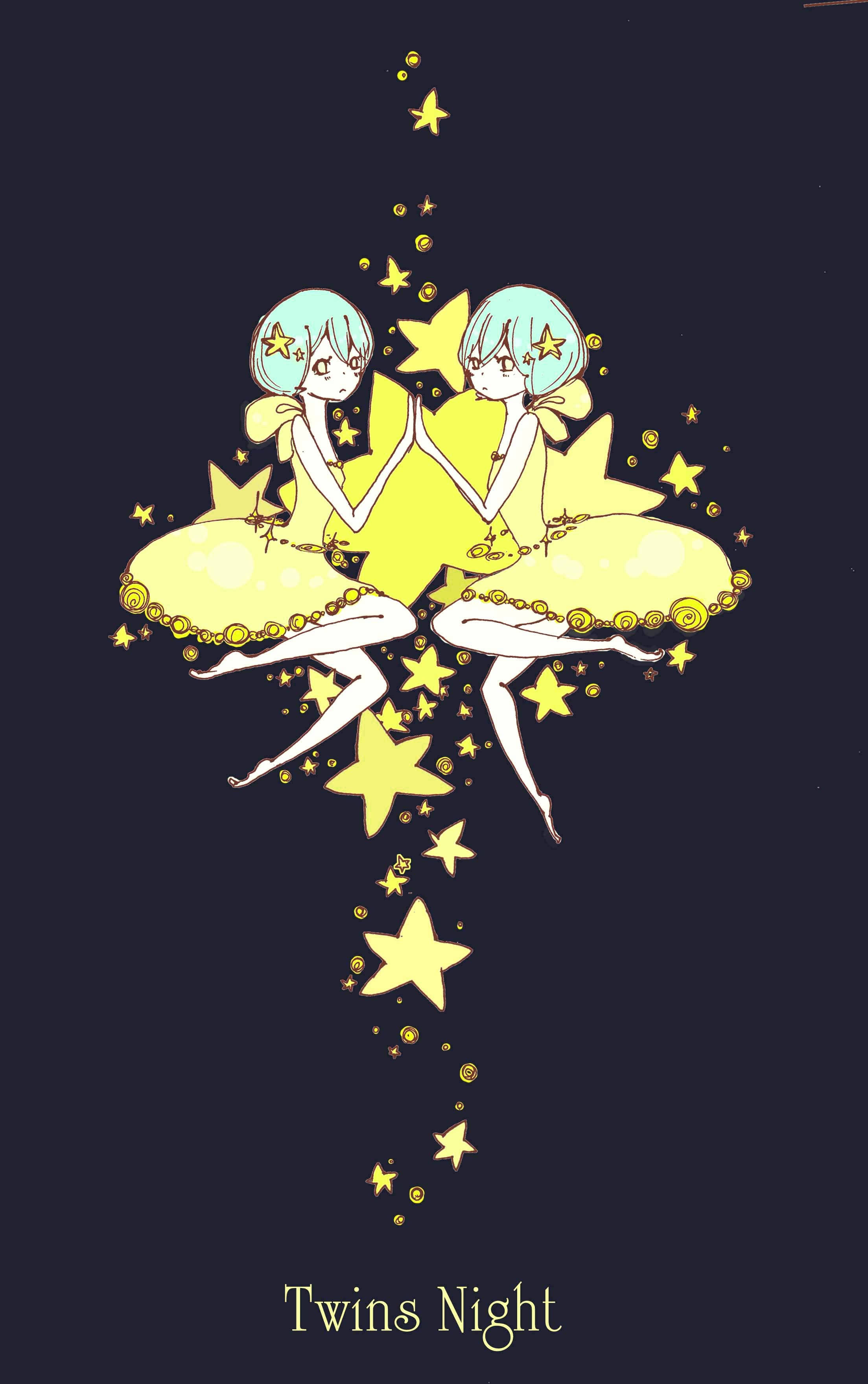 星座 桌布 壁紙 — 兩個相同的動漫風格女孩，淺藍色頭髮和黃色星星連衣裙，在黑暗的夜空中漂浮，周圍環繞著發光的星星。