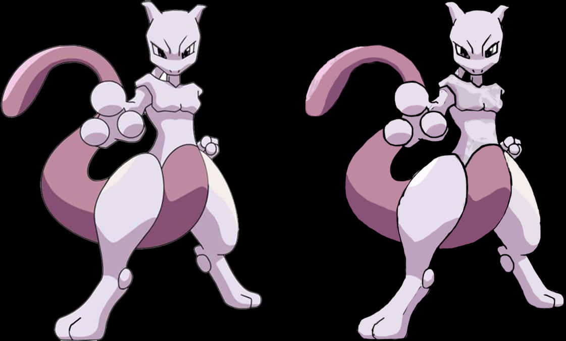 Pokemon Characters 桌布 壁紙 — 兩個相同的動漫風格超夢角色並肩站立在帶有紫色點綴的黑色背景前。