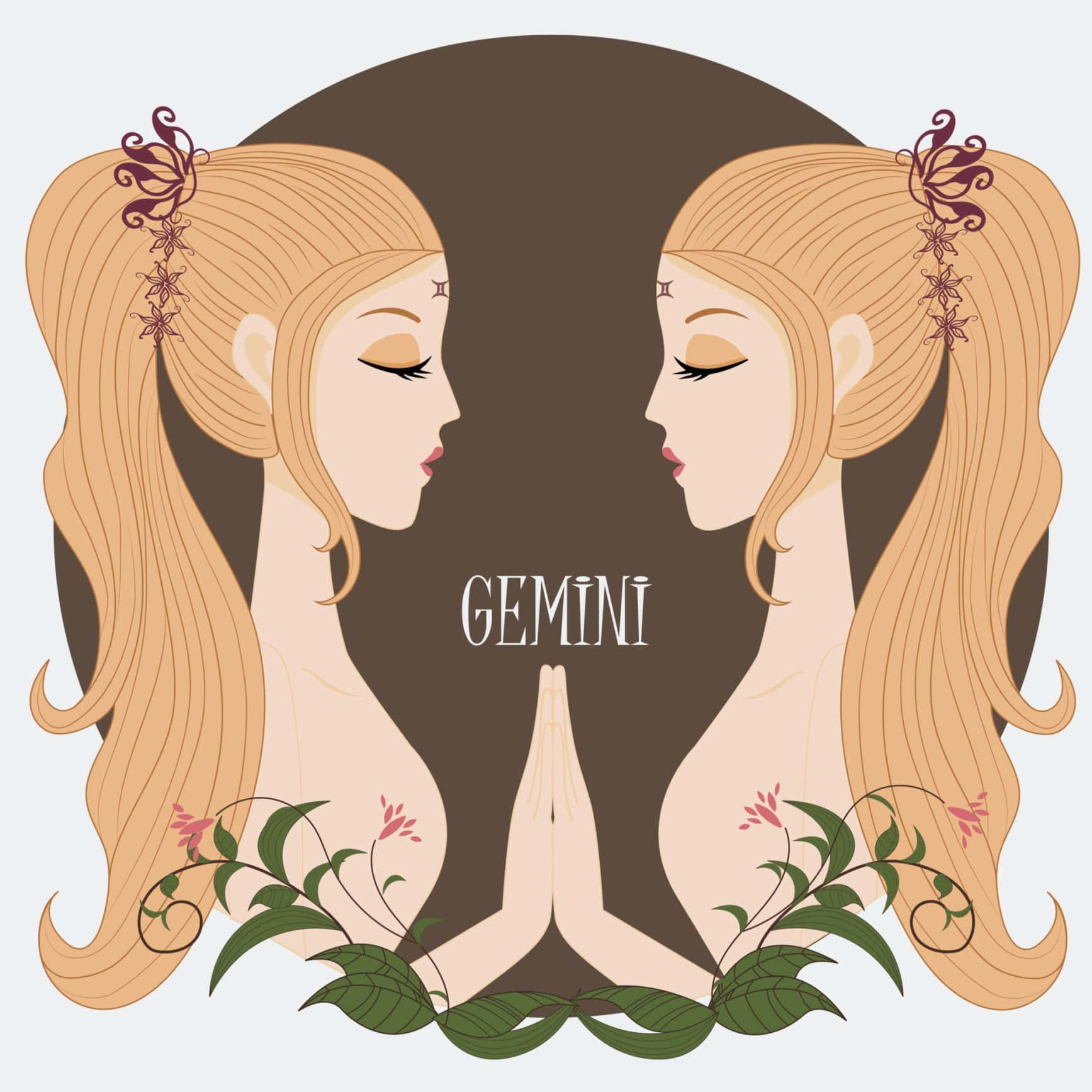gemini 桌布 壁紙 — 兩個相同的金髮女性側面相對，雙手緊握，被花卉藤蔓環繞，位於一個黑暗拱門下，帶有Gemini字樣。