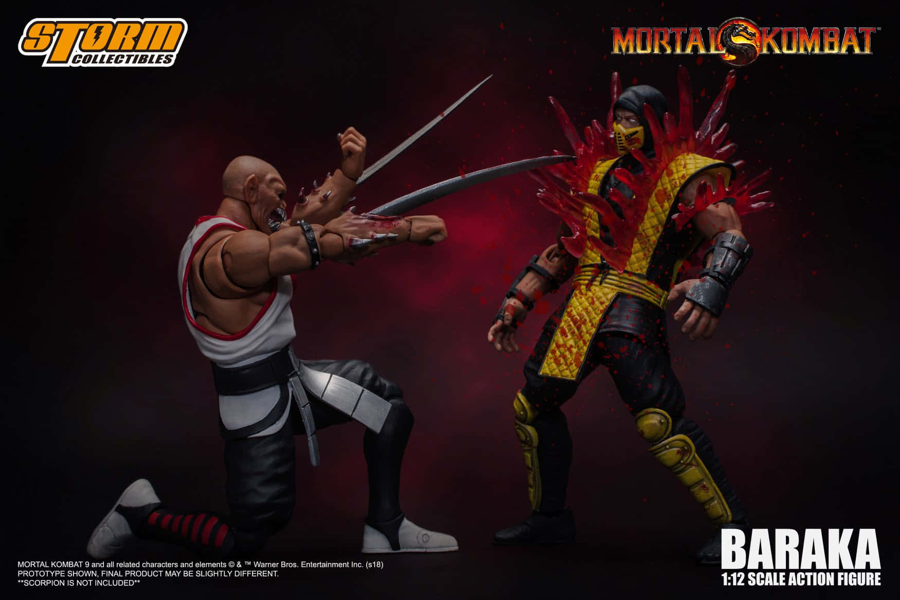 Mortal Kombat Baraka 桌布 壁紙 — 兩個真人快打動作人偶在黑暗背景前以紅色能量爆發的戲劇性姿勢碰撞。