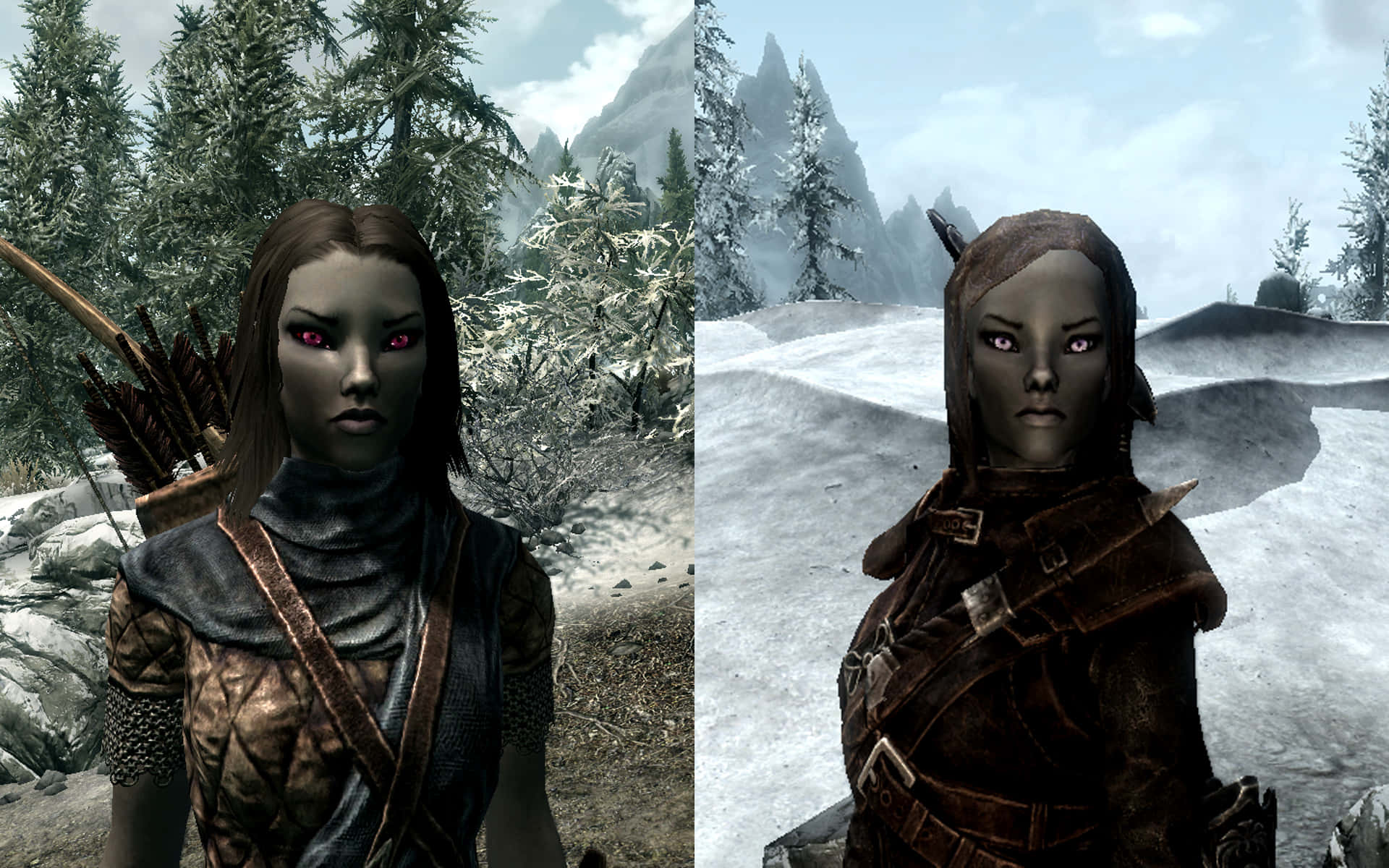 Skyrim Astrid 桌布 壁紙 — 兩個眼睛發出紅光的精靈弓箭手，身穿皮甲，站在白雪覆蓋的山林和沙漠中。