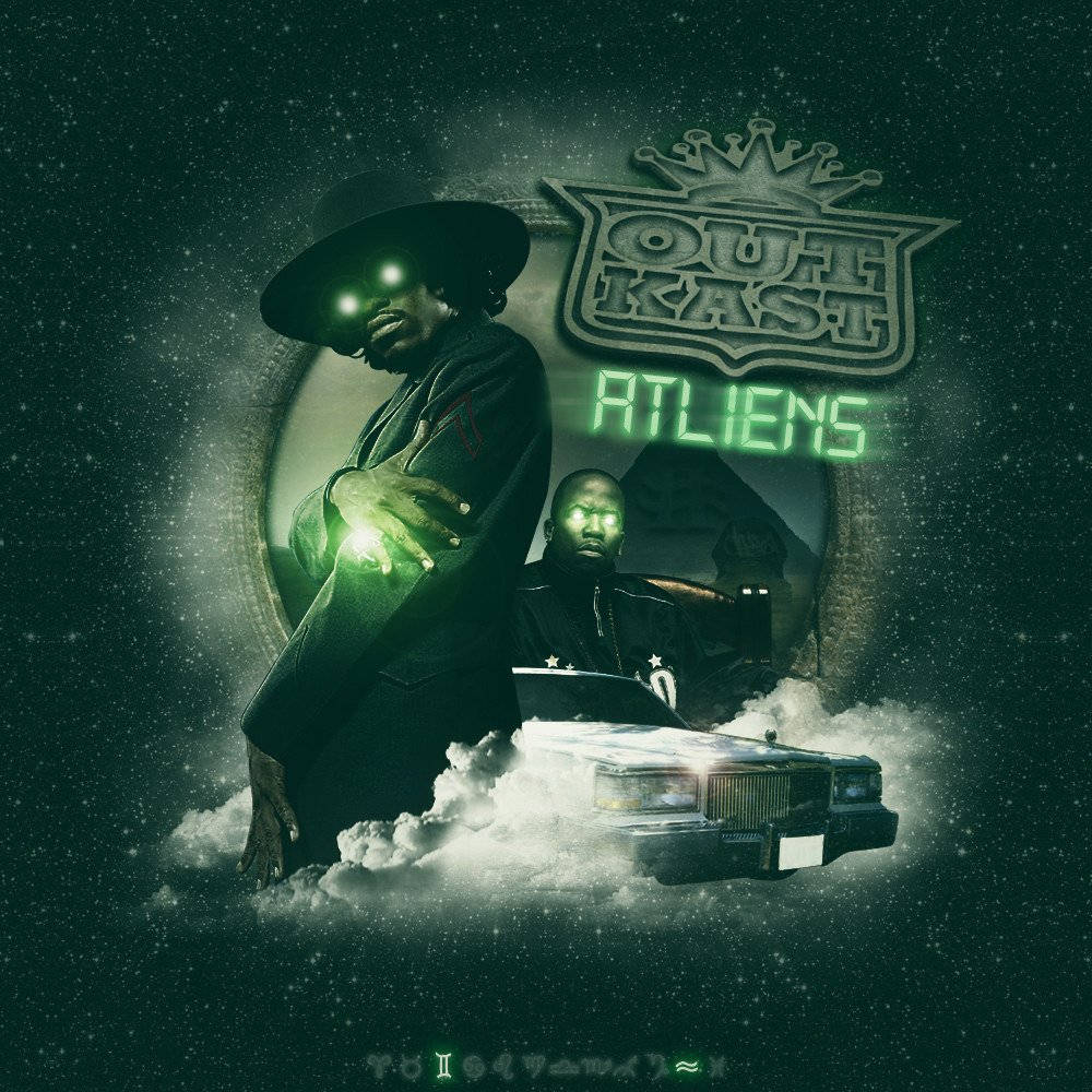 hiphop 桌布 壁紙 — 兩個眼睛發出綠光的男人站在雲端上，旁邊有一輛車，背景是繁星點點的夜空，並帶有「OutKast」和「Atlantis」標誌。